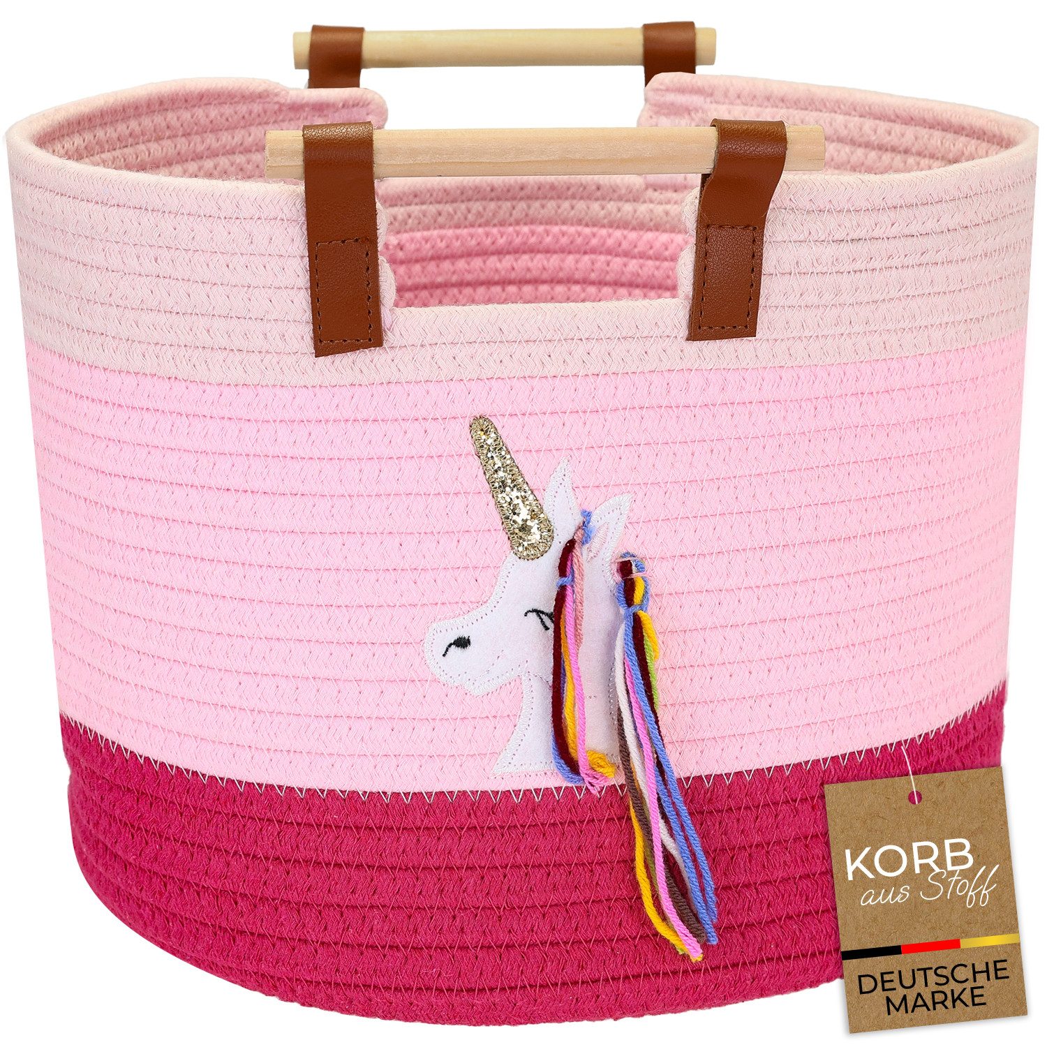 HMF Aufbewahrungskorb Aufbewahrungskorb mit Holzgriffen, runder Korb, Baumwolle für Kinderzimmer oder Babyzimmer, Einhorn, 30 x 30 x 24 cm