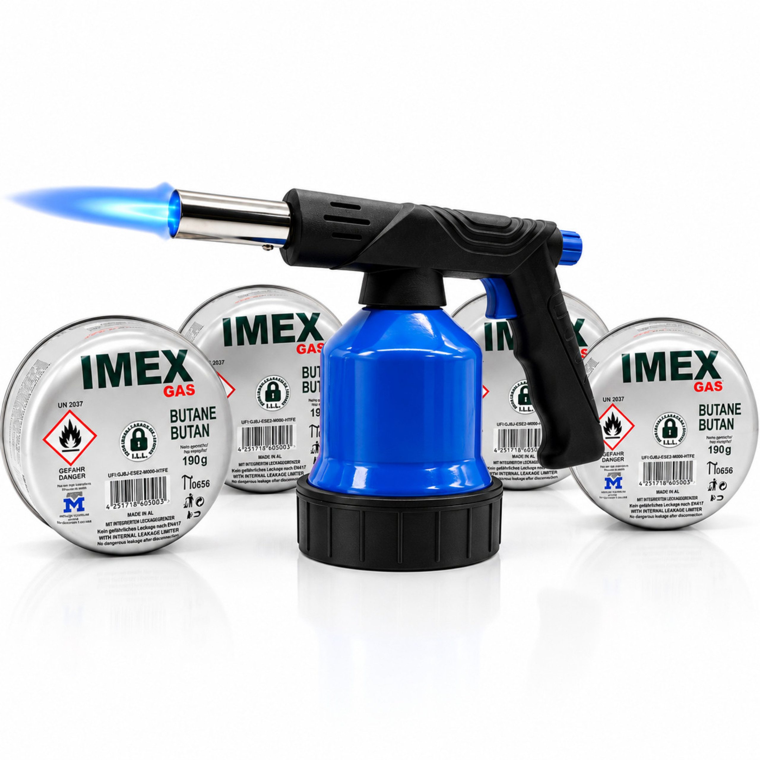 IMEX Gasgrill-Brenner IMEX RK-5013E Gasbrenner mit 4 Gaskartuschen 1300 °C Piezo 2,2 kW