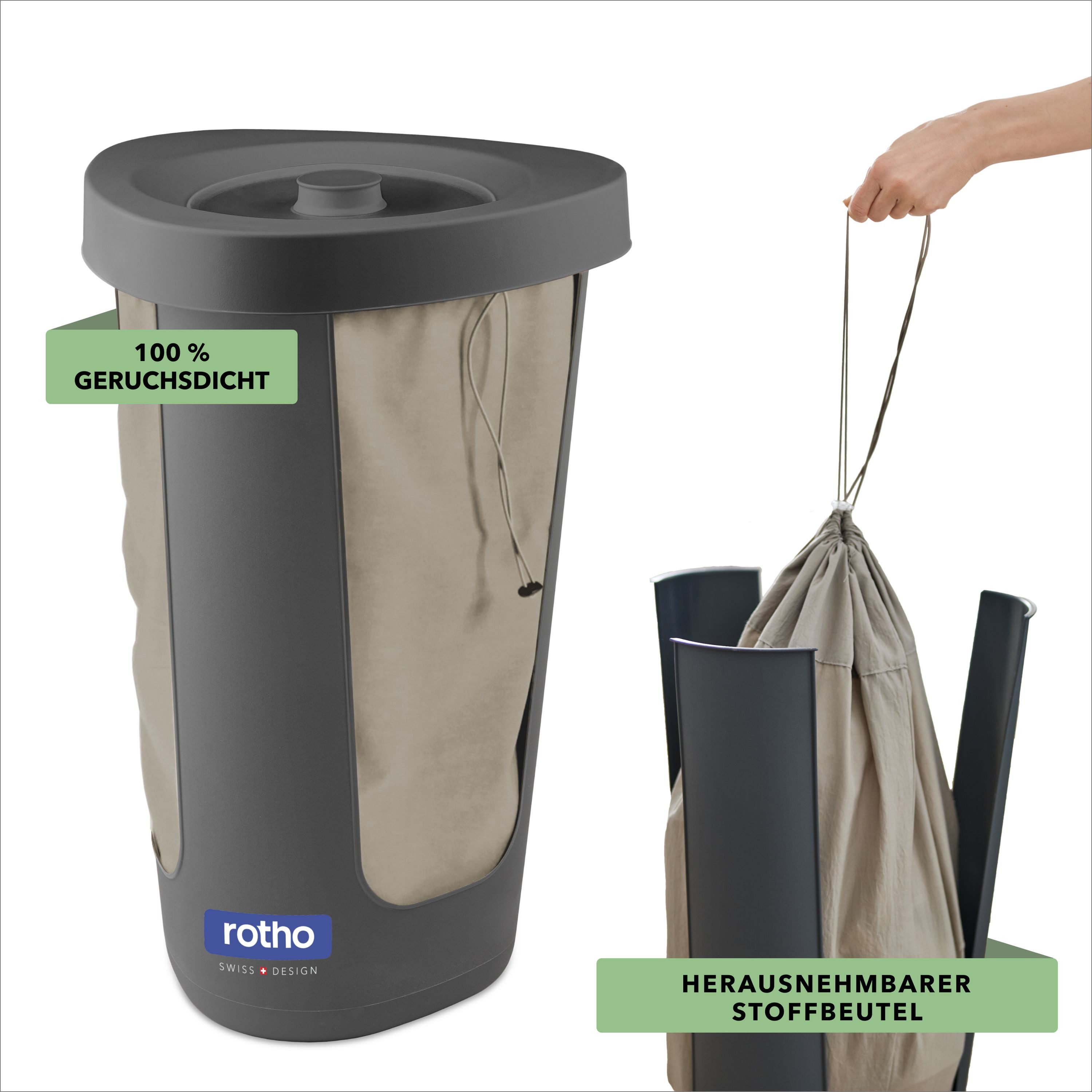 ROTHO Flaschensammler FABU 50l Pfandflaschen-Sammler mit 2 waschbaren Beuteln – geruchsfrei (2 waschbare Stoffbeutel, 1 Rahmen), Swiss Design, platzsparend, werkzeuglos & waschbar