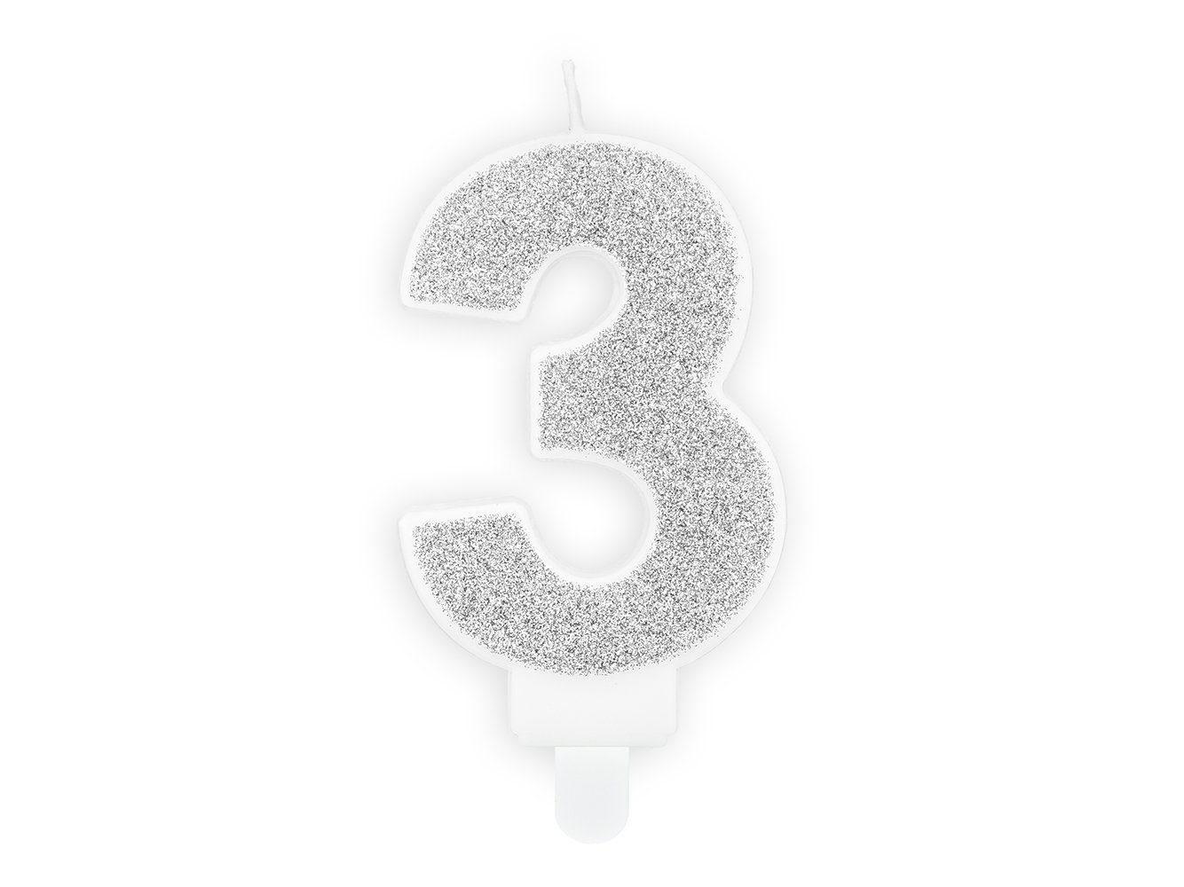 partydeco Formkerze, Geburtstagskerze Zahl 3 mit Glitzer 7cm silber