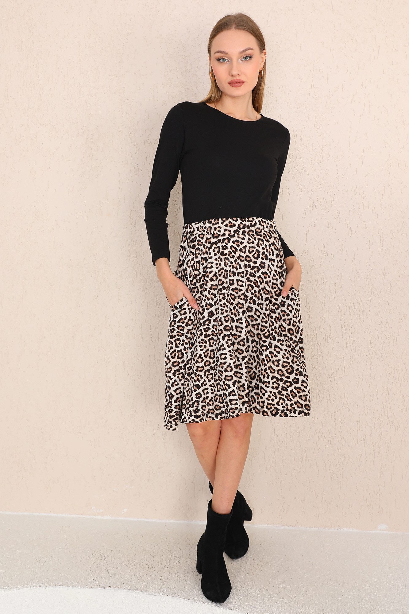 Bongual Jerseykleid 2-in-1 Midikleid Langarm Leopard Muster mit Taschen günstig online kaufen