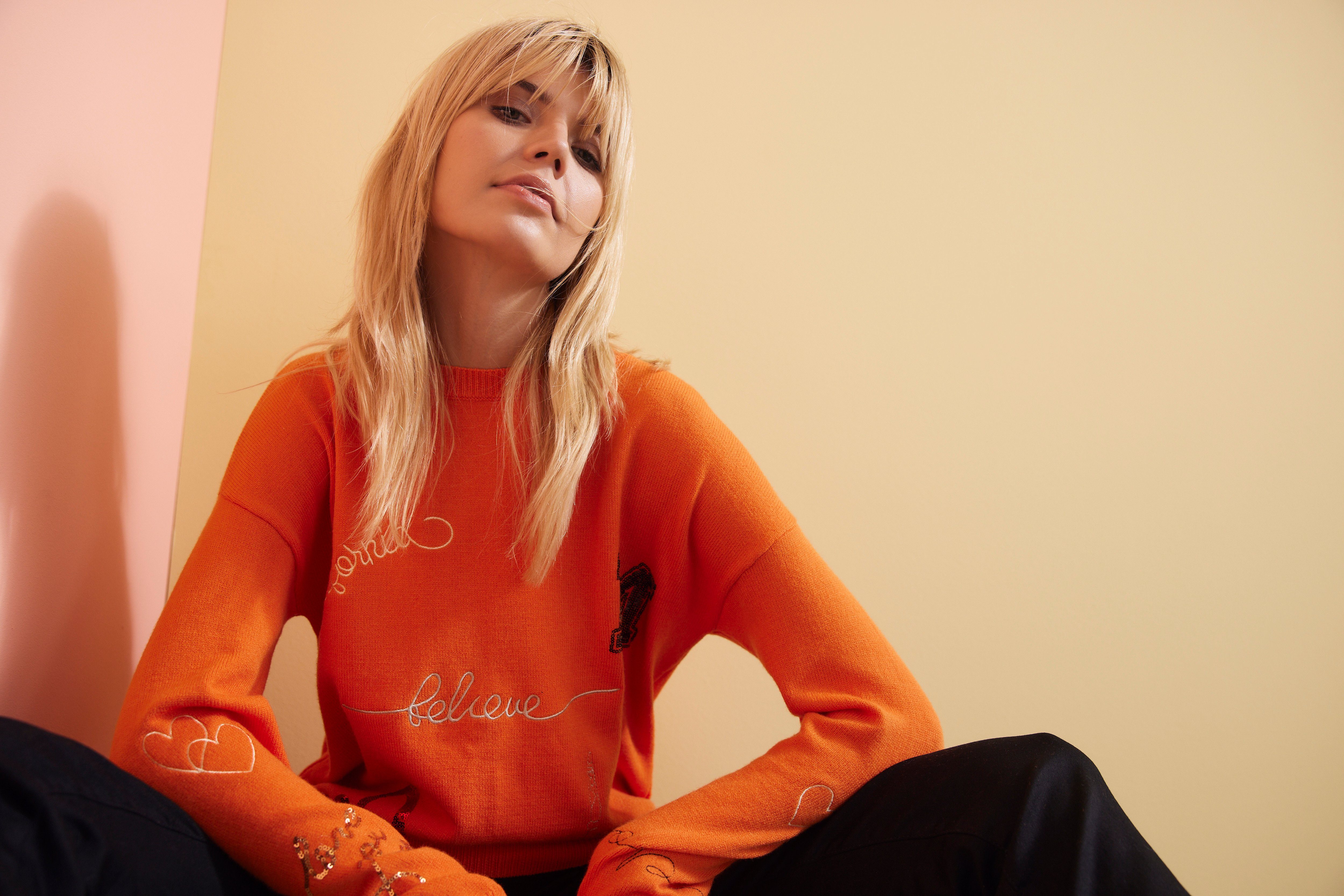 Aniston Pailletten Strickpullover orange SELECTED mit