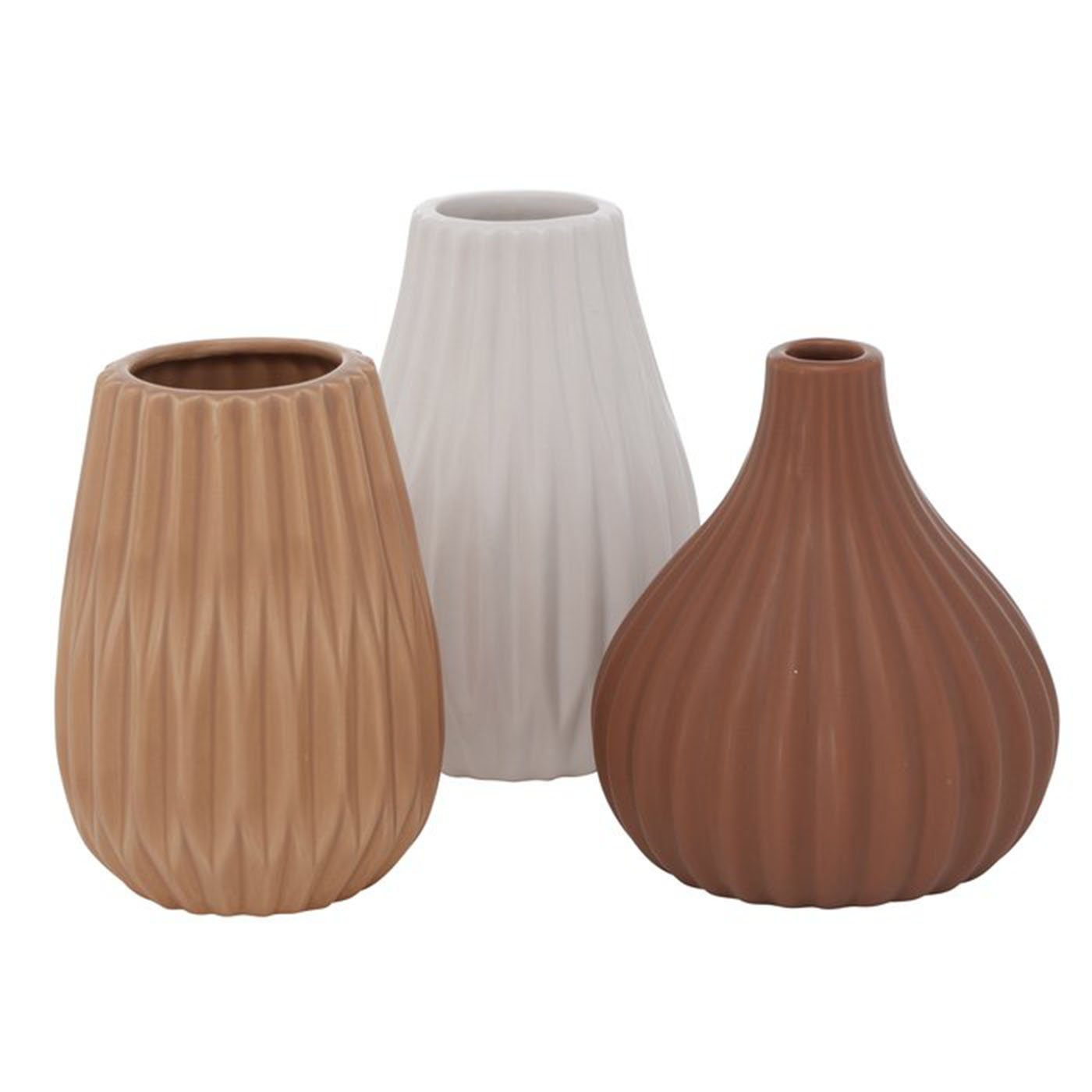 Dekovase Blumenvase aus Keramik im 3er Set Mattes Design - Weiß Braun
