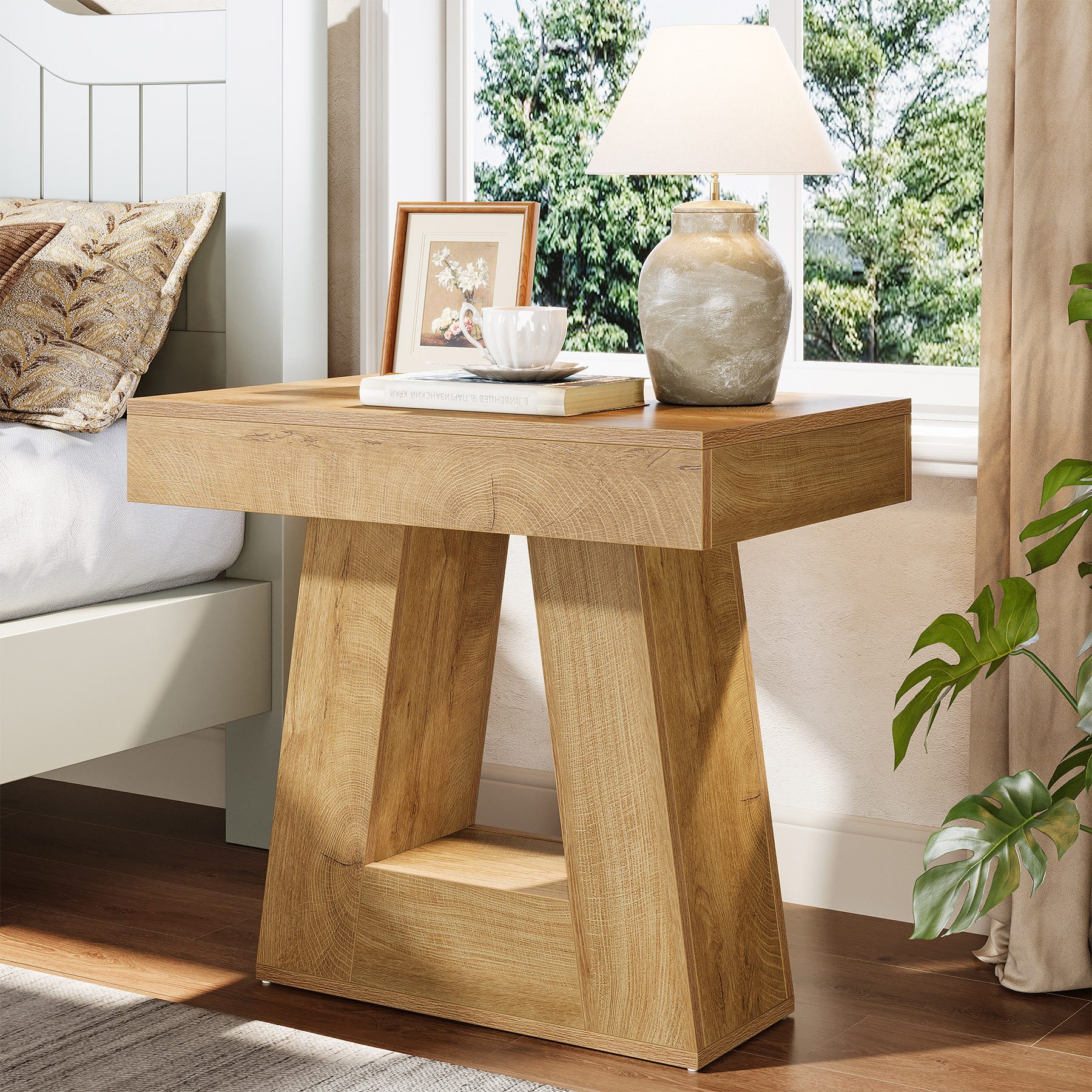 Tribesigns Nachttisch 2-stöckiger moderner Nachttisch, Nachttisch aus Holz mit Trapezbasis