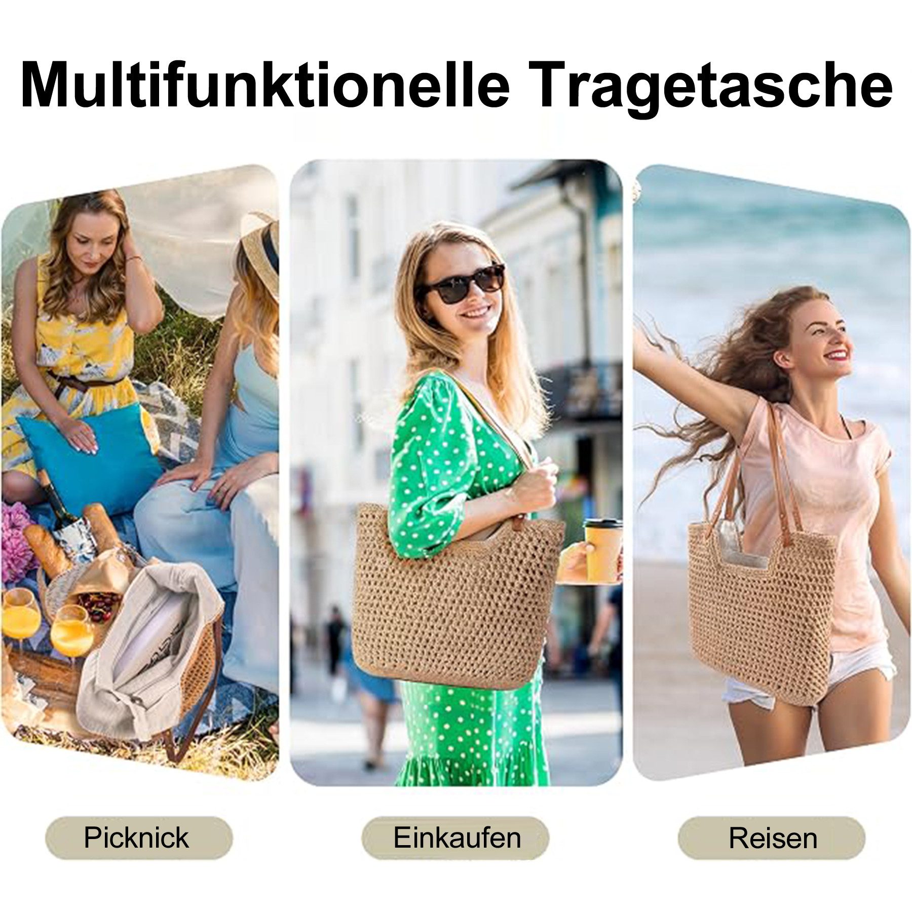 Keyura Strandtasche Sommer Strandtasche Damen Boho Häkeltasche Strand Mesh Tragetasche (Strohtasche Beach Handtasche Leicht Umhängetasche Vintage Sommertasche,  – Bild 4 von 5