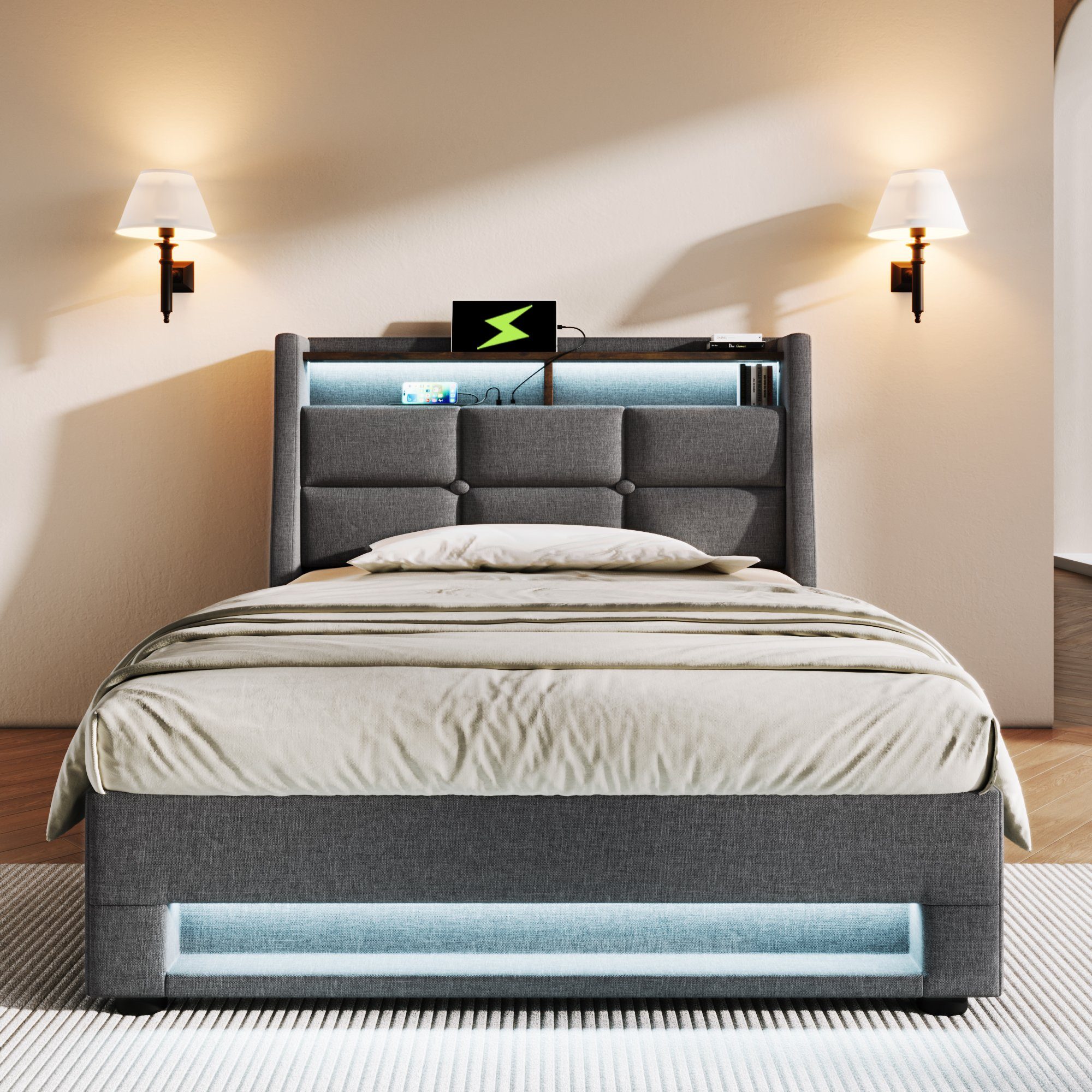 Flieks Polsterbett, Baumwolle-Leinen Bezug Stauraumbett mit USB-Anschluss und LED 90x200cm