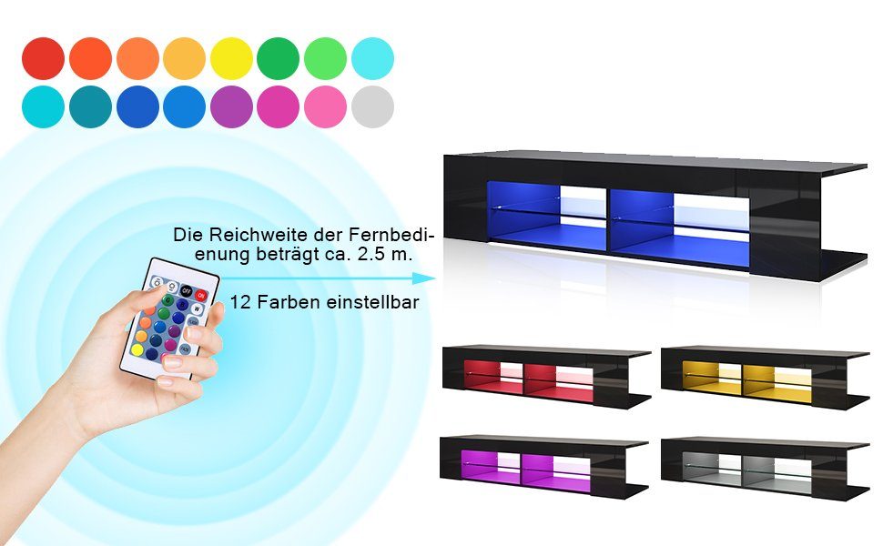 SONNI Lowboard Breite:135cm TV Unterschrank Schwarz Hochglanz mit LED Beleuchtung – Bild 4 von 5
