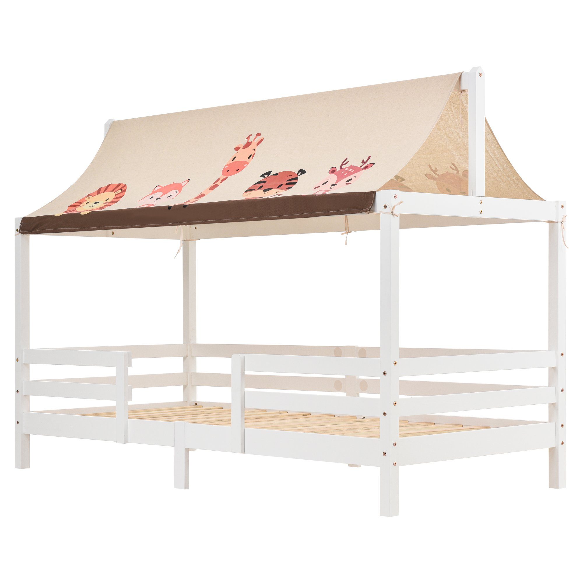 Kinderbett (Jugendbett Einzelbett mit Rausfallschutz), Hausbett mit Lattenrost und Dach, aus Kieferholz, 90*200 cm