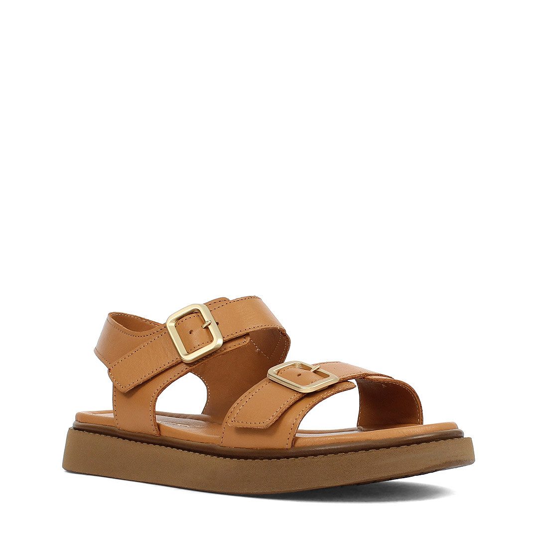 Celal Gültekin Plateau Riemchen Fersenriemen Flach Freizeit Damen Plateausandaletten Glattleder, Echtleder-Futter & Decksohle, Camel, 38