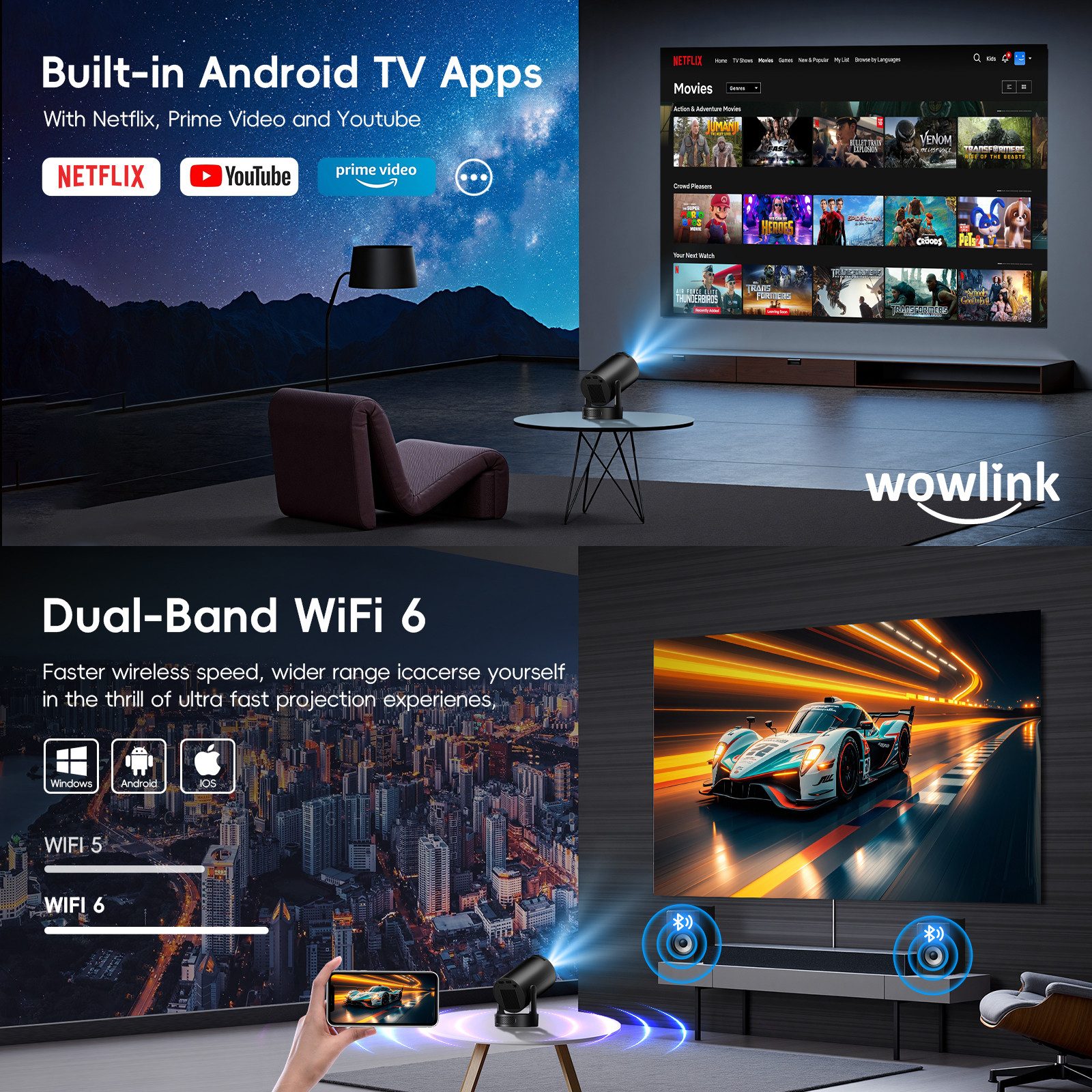 wowlink Mini Beamer Unterstützt 4K 1080P, Projektor mit WiFi 6, Bluetooth 5.4 Beamer (200 lm, 10000:1, 4K px, Automatische Trapezkorrektur mit HDMI/TV Stick/Laptop)