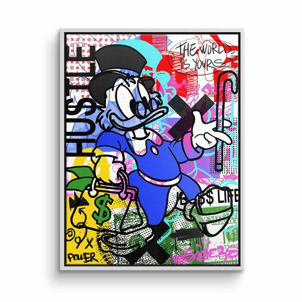 Comic Geld Duck Dagobert ohne Leinwandbild DOTCOMCANVAS® Leinwandbild, Pop Graffiti hustle Rahmen Art