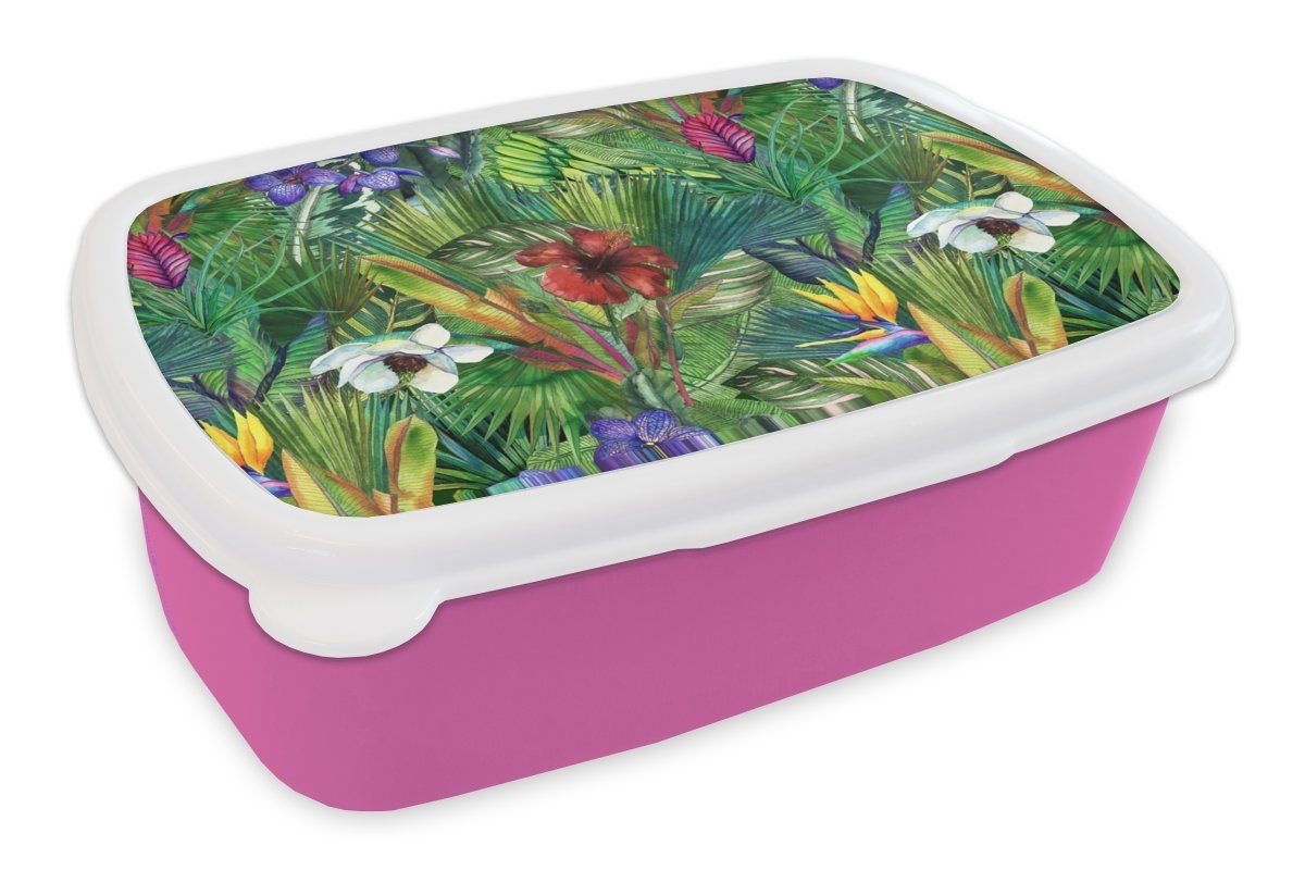 MuchoWow Lunchbox Regenbogen - Flora - Dschungel - Muster, Kunststoff, (2-tlg), Brotbox für Erwachsene, Brotdose Kinder, Snackbox, Mädchen, Kunststoff rosa
