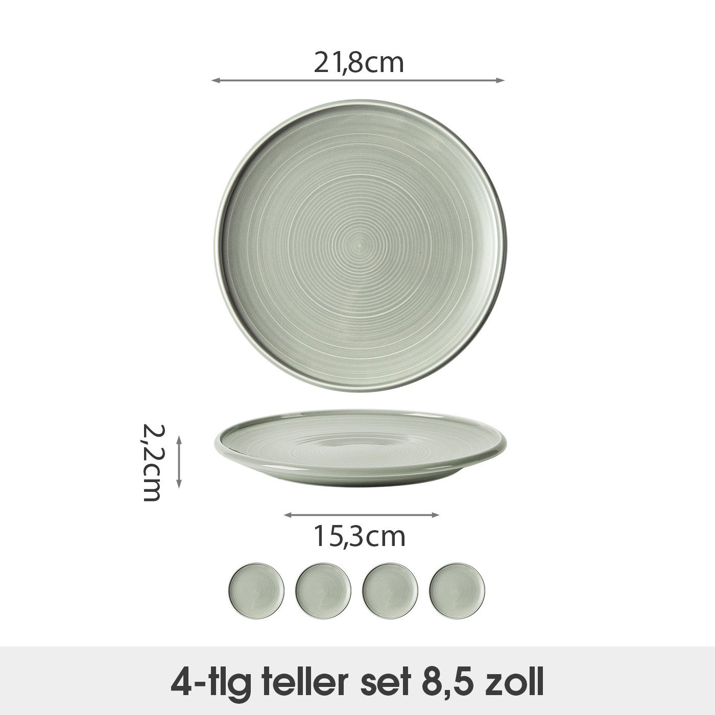 JIWOO Speiseteller 4er Ø21,8cm, Frühstücksteller Pastateller Teller Brotteller Plate, (4 St), Hochwertiges Tellerset Grau Mikrowellenofen Spülmaschine Ø 21,8cm