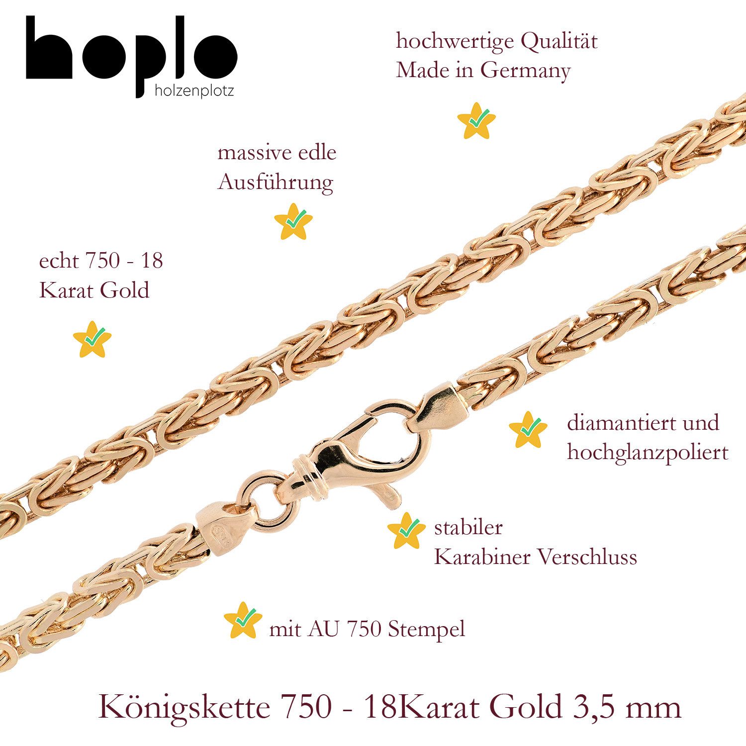 HOPLO Goldarmband Goldarmband Königskette Breite 3,5 mm 19 cm massiv 750-18 Karat Gold, Made in Germany