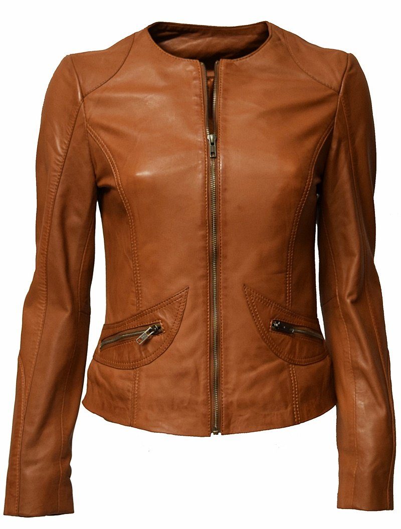 Zimmert Leather Lederjacke Bea (1-St) weiches Lammnappa Leder, Kragenlos, leicht, Cognac, braun, schwarz, rot