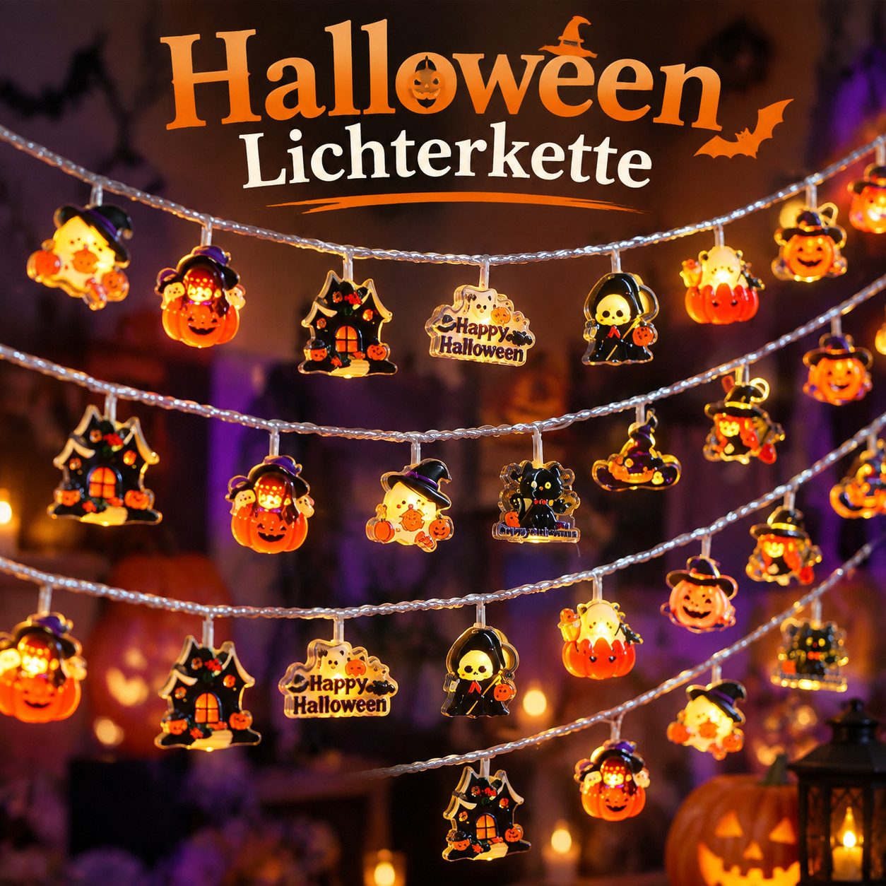 nsihing LED-Lichterkette Halloween Lichterkette 20 LED, Kürbis- & Geisterlichter, Batteriebetrieben mit Blinkmodi für Innen & Außen – Bild 2 von 5