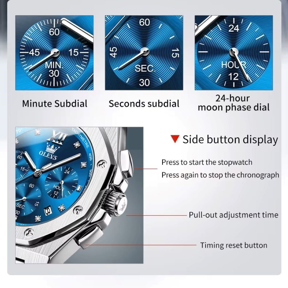 OLEVS Quarzuhr Herrenuhr Olevs Chrono Achtkant-Design Blau