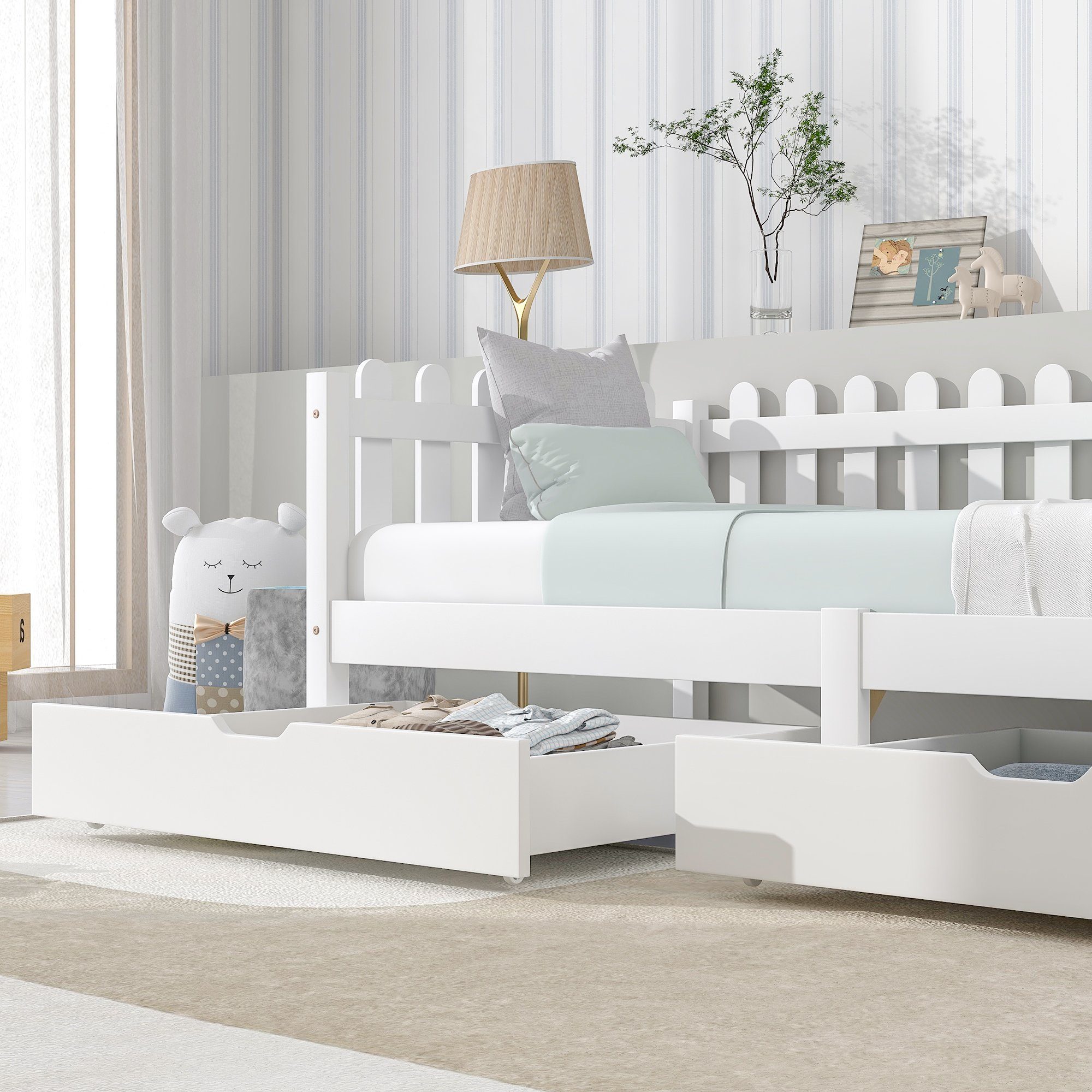 OKWISH Schublade Stauraum unter dem Bett, Zwei Schubladen (MDF + Bodenrollen, 93x67x17cm)