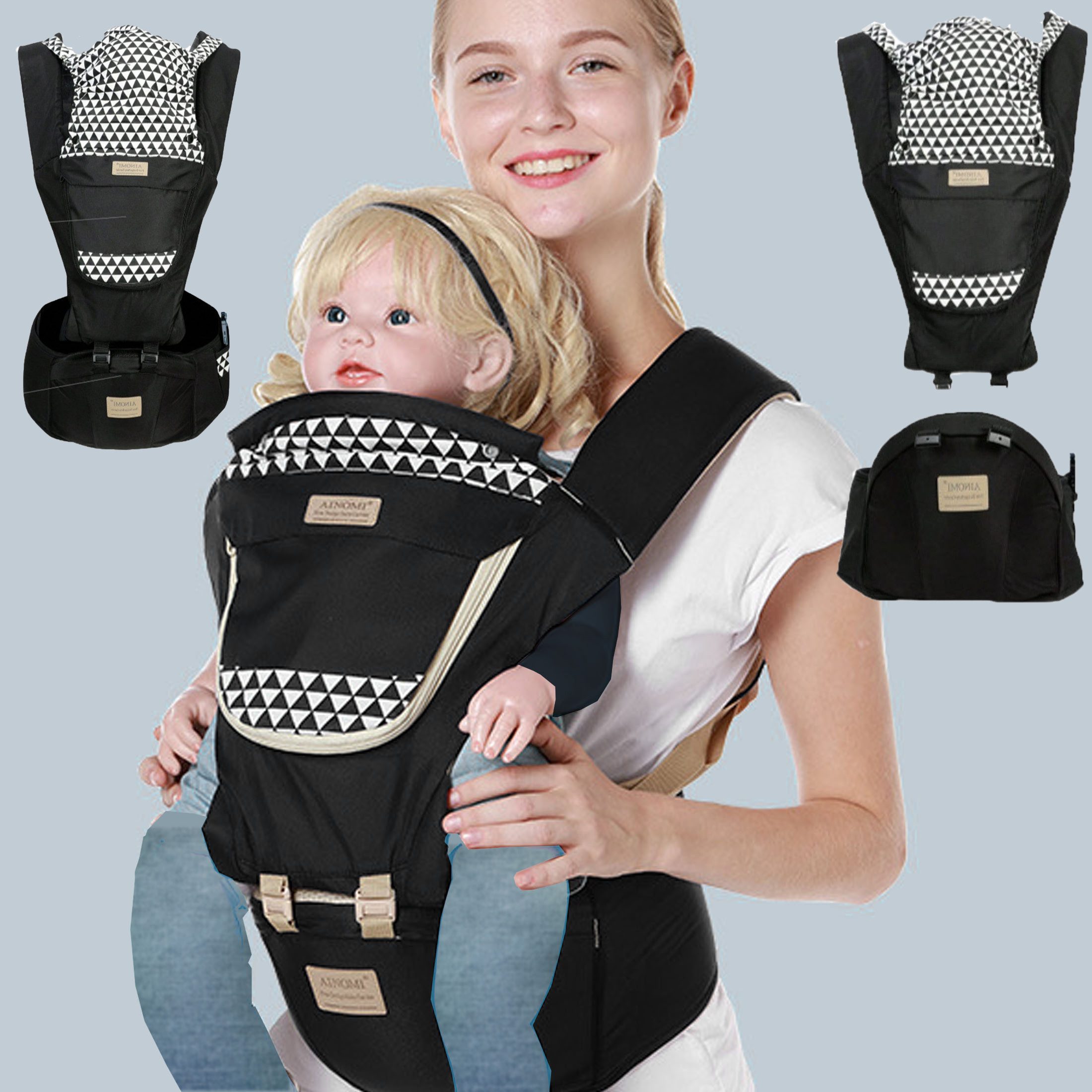 Bauchtrage 3-in-1-Baby-Tragetasche mit Hüftsitz, Babytrage 6 Trage Positionen