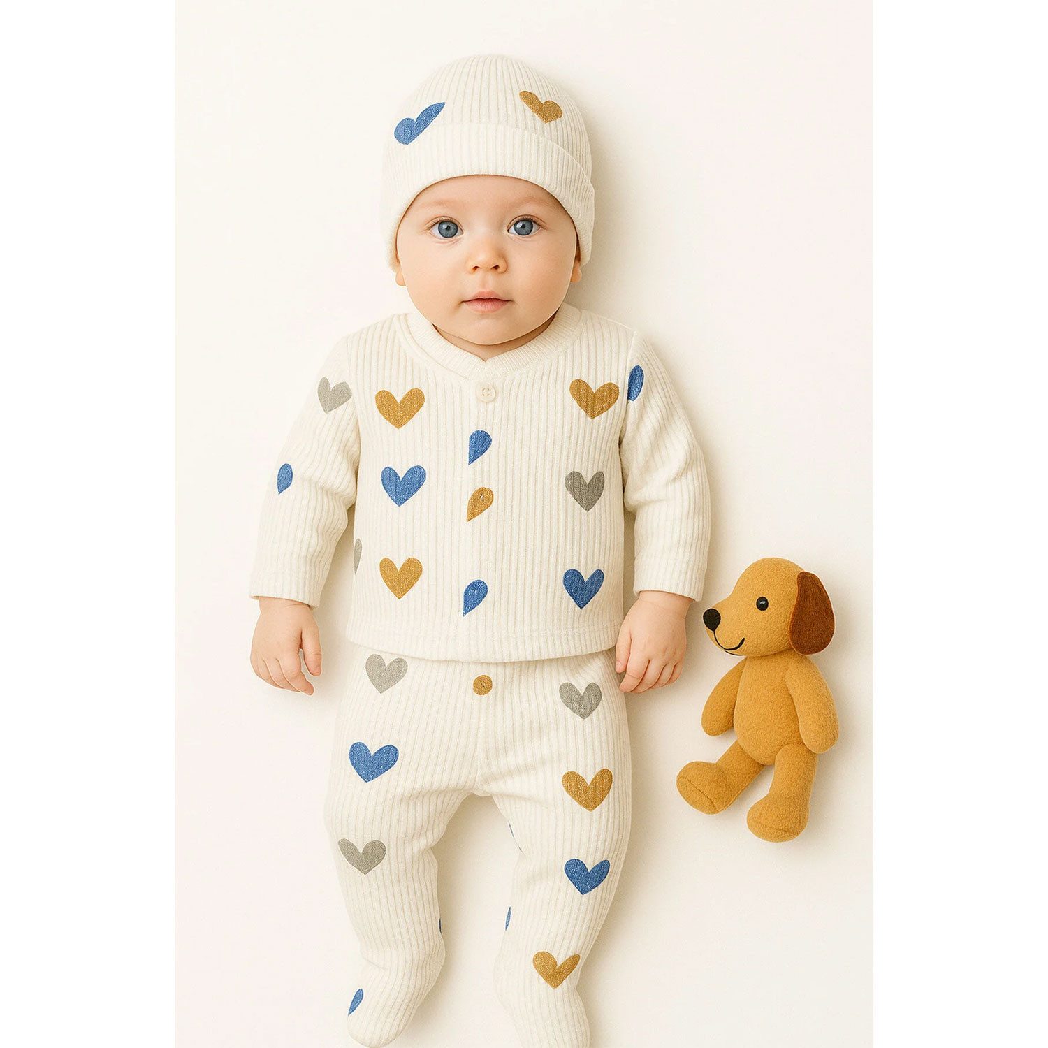 Jungengel Neugeborenen-Geschenkset Babykleidung Geburt Baby-Set Babyausstattung Erstausstattung Herzen (Bekleidungsset, 3-tlg., 3-teiliges Babyset bestehend aus Oberteil, Hose und Mütze) Weiches 3-teiliges Babyset mit Herzmuster aus 100 % Baumwolle