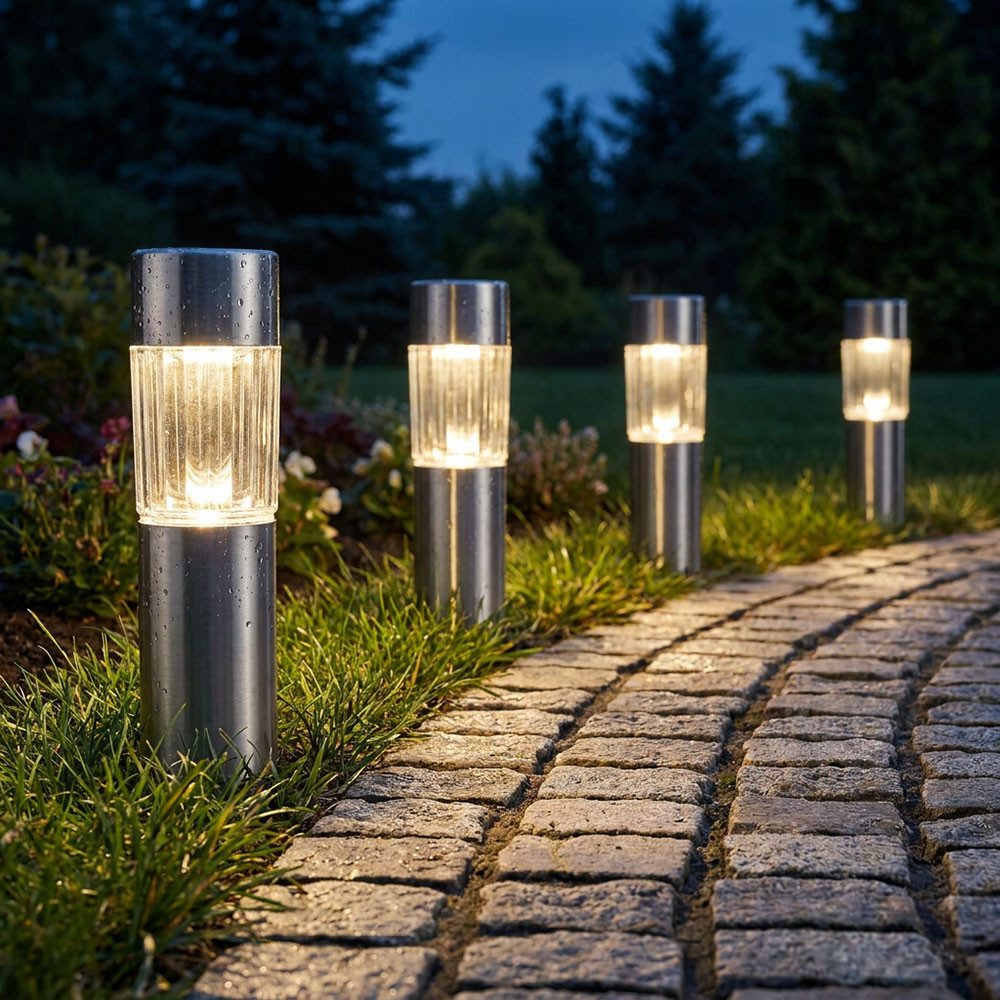 GLOBO LIGHTING LED Gartenleuchte, LED-Leuchtmittel fest verbaut, Warmweiß, 4er Set LED Edelstahl Solar Leuchten Steck Leuchten Erdspieß Außen
