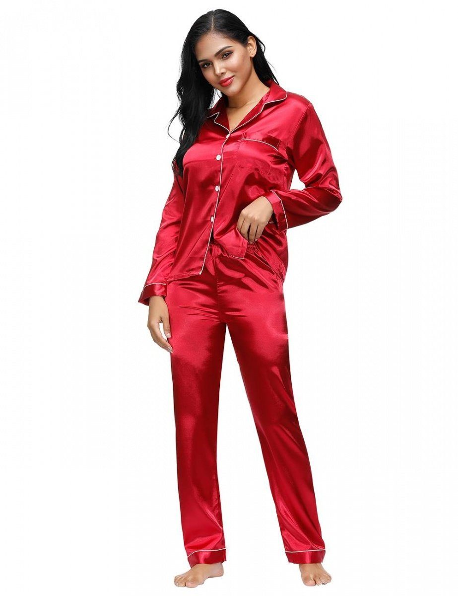Lau-Fashion Pyjama Schlafanzug Satin Look Rot Langarm zweiteilig Hosen  Anzug S/M