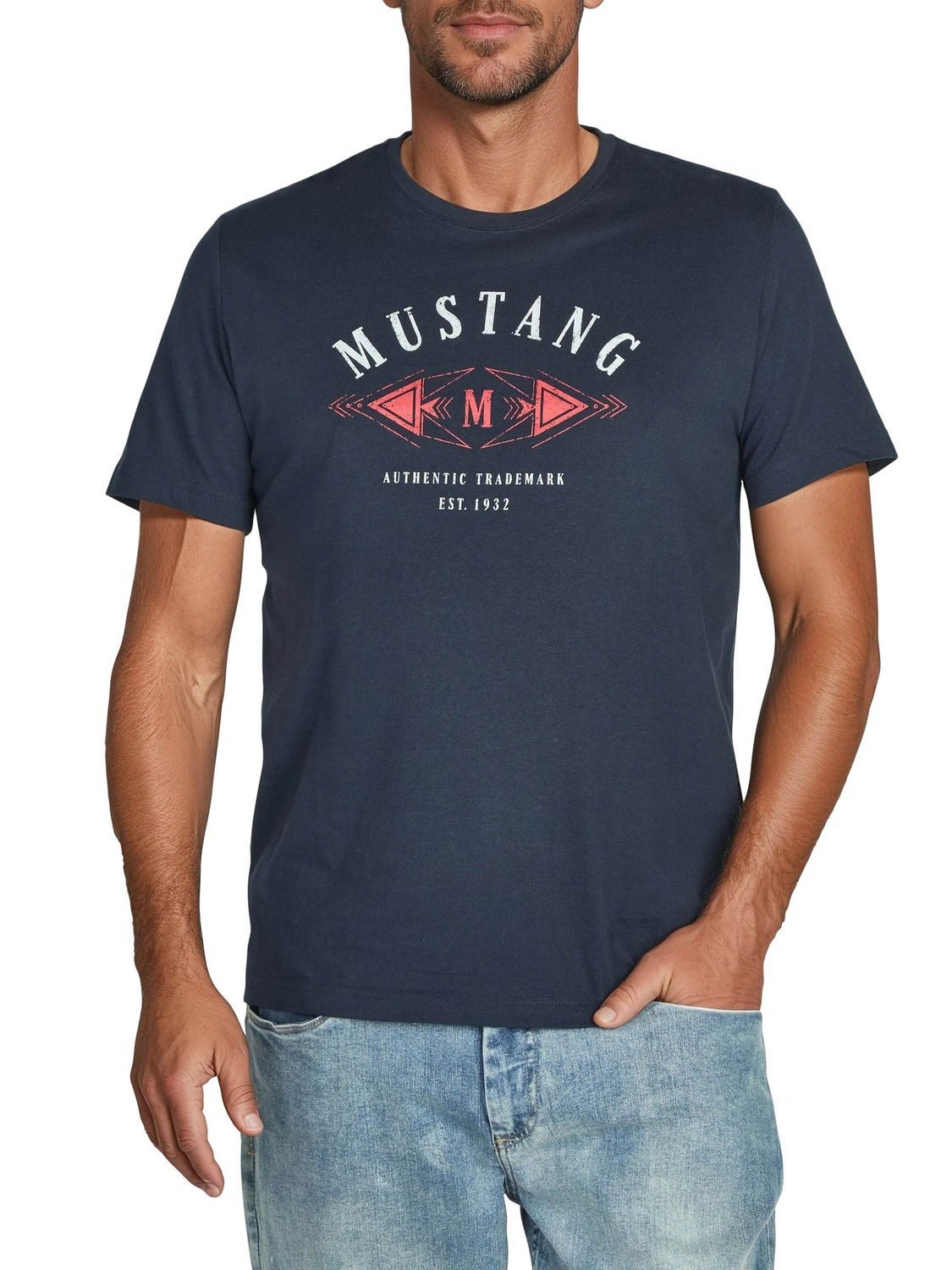 MUSTANG T-Shirt Herren Printshirt Regular Fit (1-tlg) Kurzarm Tee Shirt mit Rundhalsausschnitt aus 100% Baumwolle