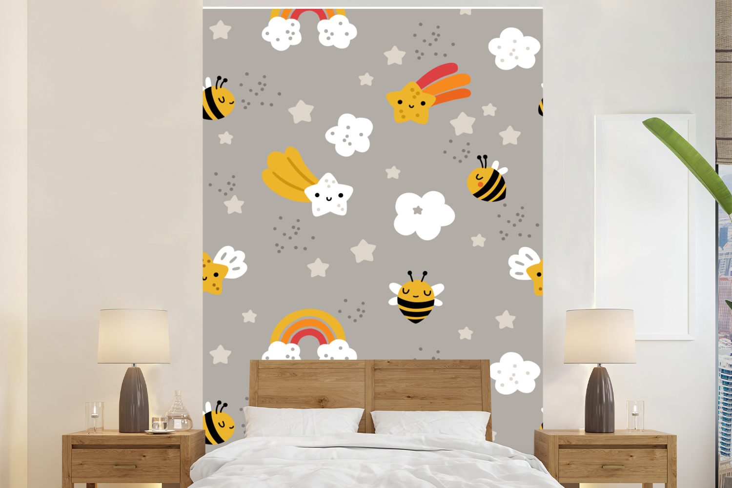 MuchoWow Fototapete Muster - Regenbogen - Biene, Matt, bedruckt, (3 St), Montagefertig Vinyl Tapete für Wohnzimmer, Wandtapete