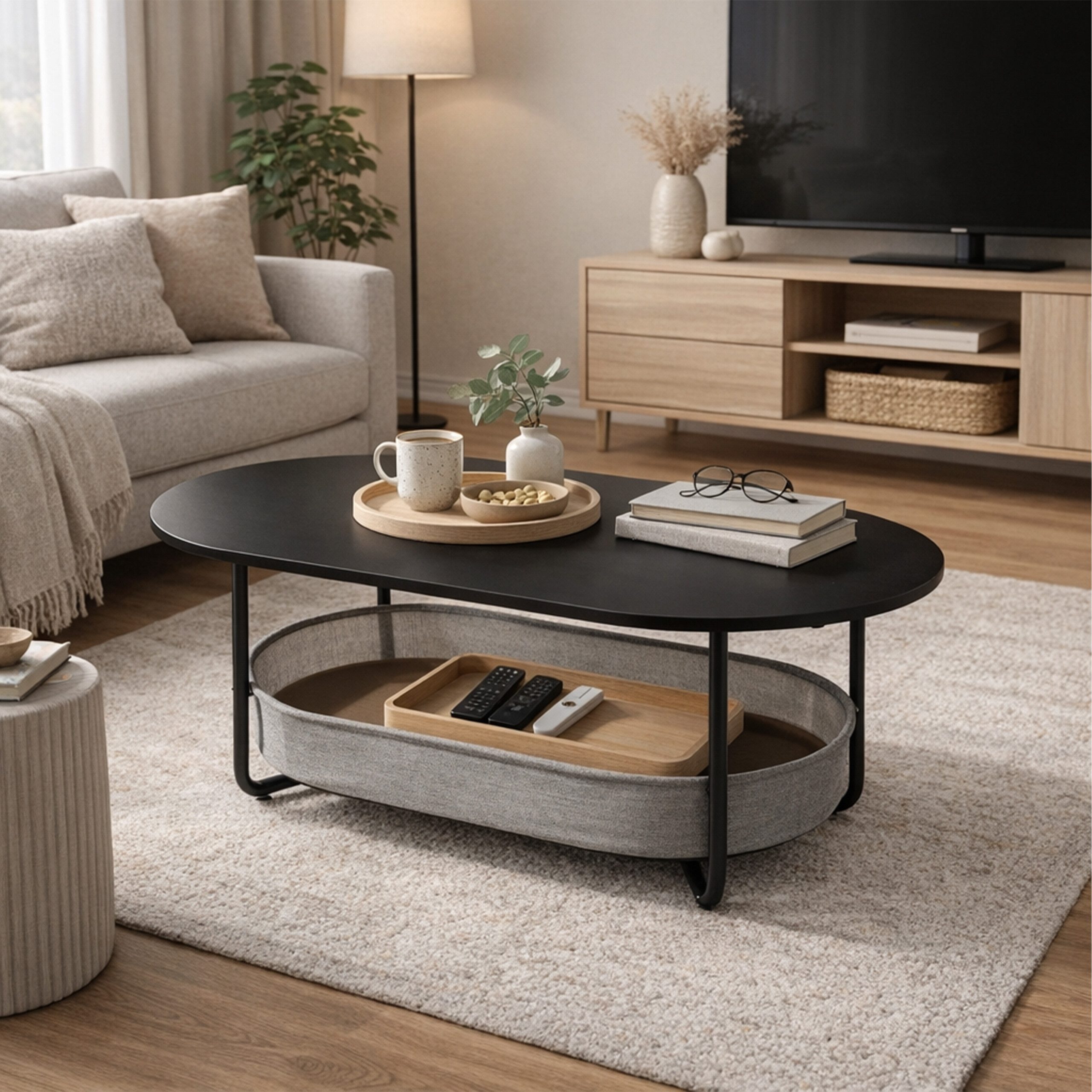 relaxdays Couchtisch Ovaler Couchtisch mit Stauraum, Schwarz-Dunkelgrau
