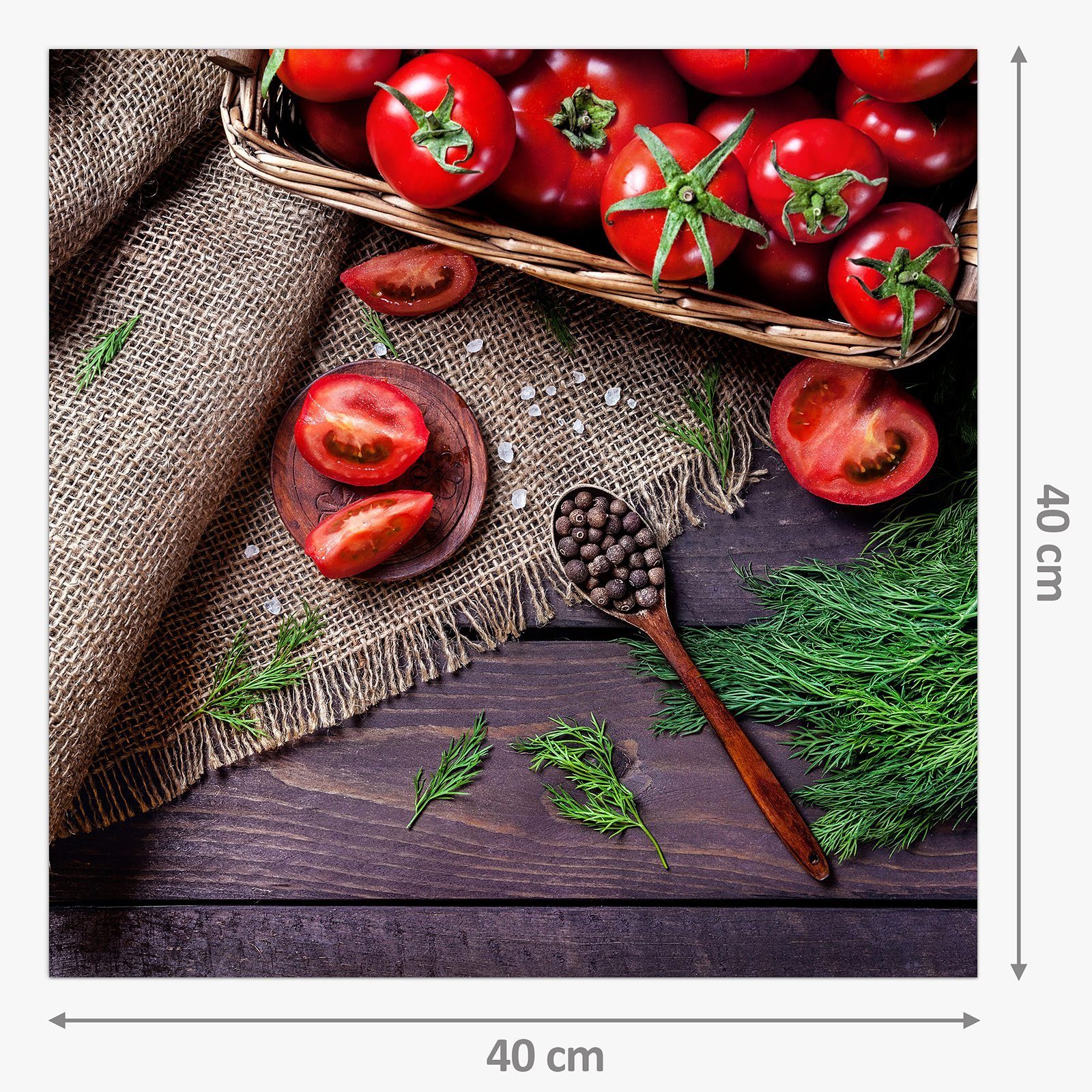Glas mit Korb Küchenrückwand Motiv Tomaten im Küchenrückwand Spritzschutz Tisch Primedeco auf