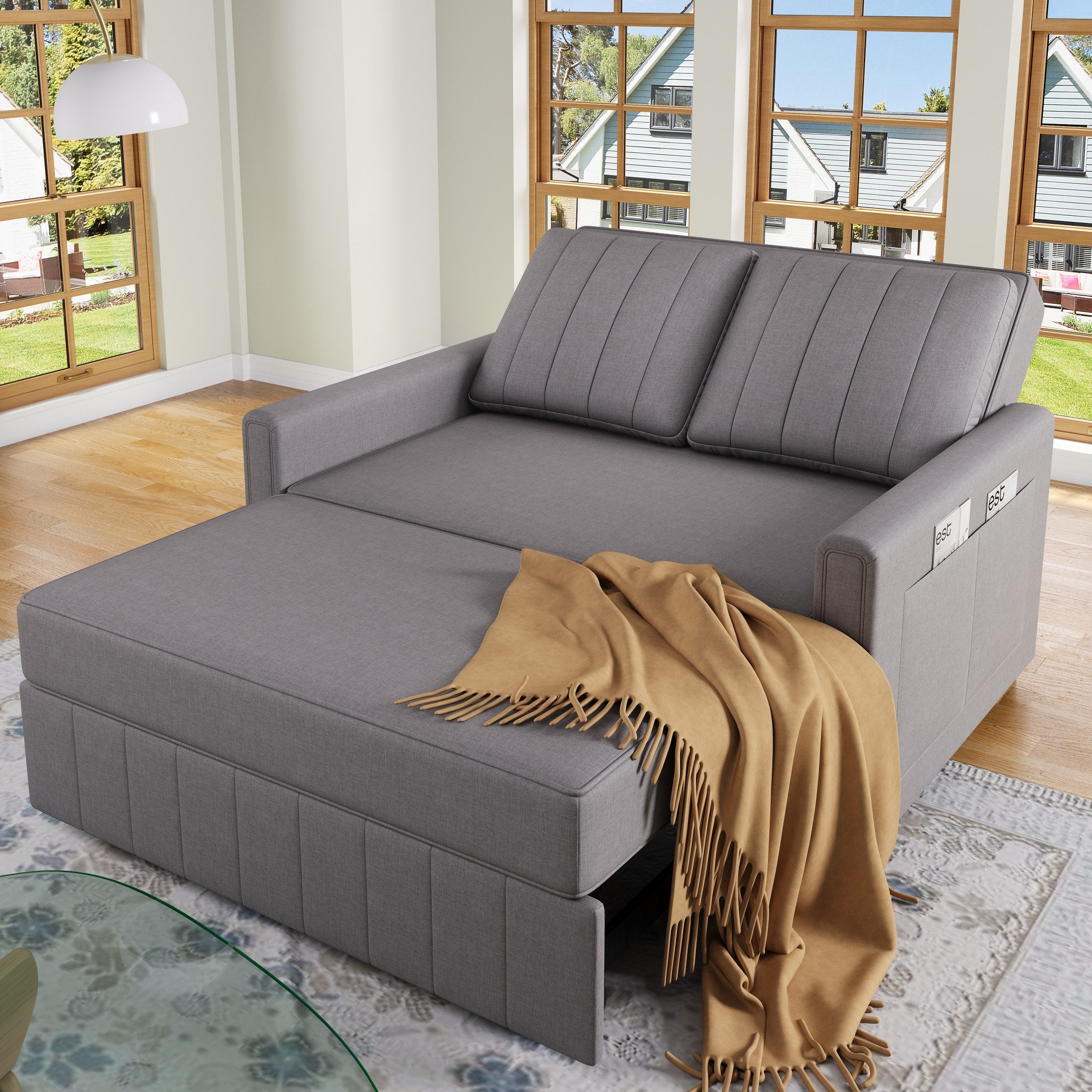 autolock Schlafsofa Multifunktionales Klappsofabett mit verstellbarer Rückenlehne, Leinen, 2 Sitz sofa platzsparendes Doppelschlafsofa für kleine Räume