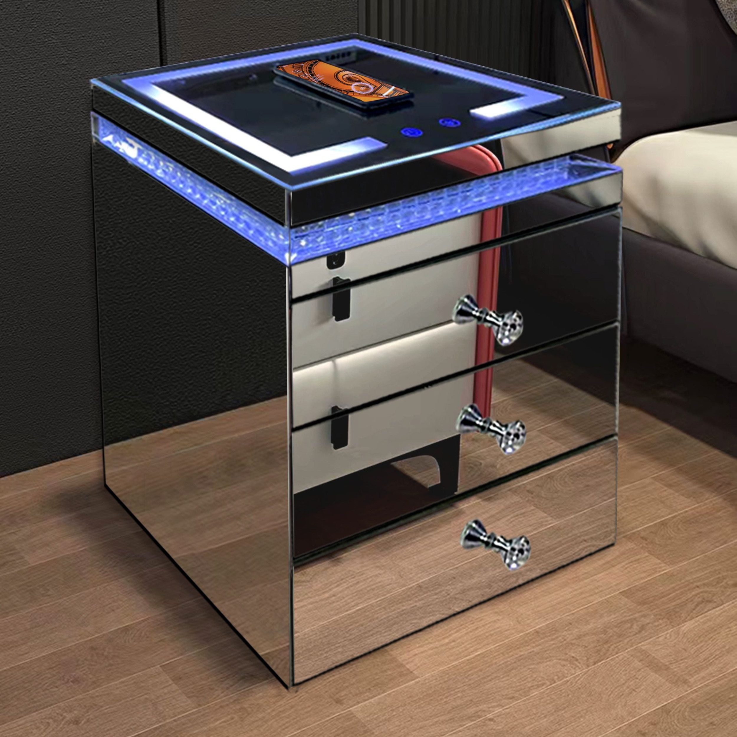 alesvelt Nachttisch LUXORA BEAT LED-Beleuchtung und Bluetooth Silber/Schwarz/Weiß (45 × 40 × 66 cm (H), 1-Stück), Schubladen, LED-Beleuchtung, Bluetooth