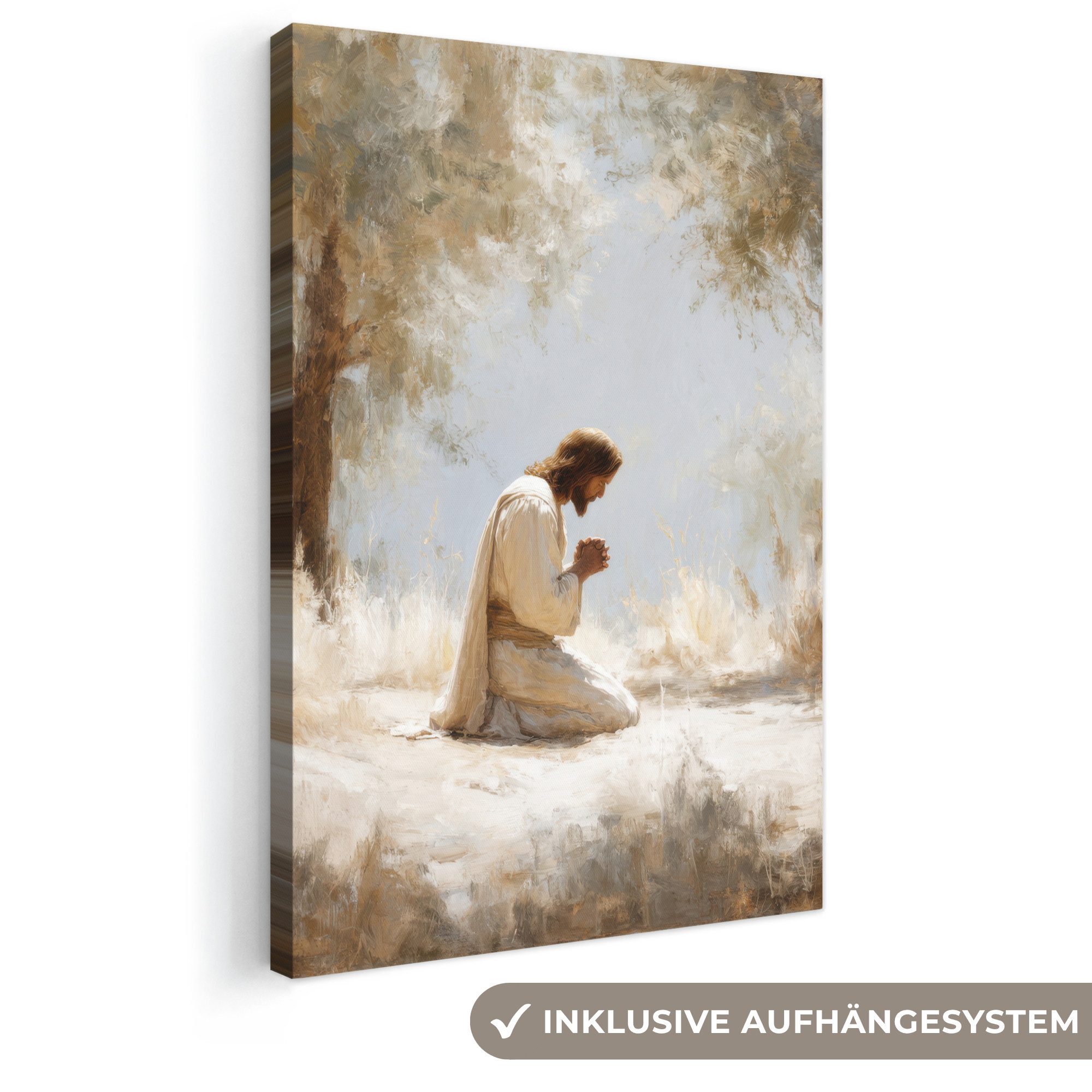 OneMillionCanvasses® Leinwandbild Jesus - Kniend - Waldlandschaft - Betend, Fotodruck (1 St), Leinwand Canvas Wandbild, Wanddekoration 20x30 cm