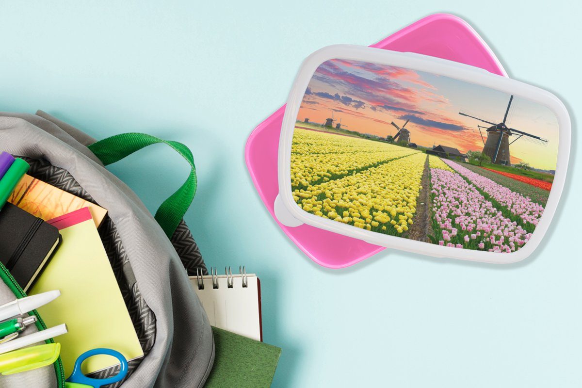 MuchoWow Lunchbox Mädchen, - Kinder, Snackbox, (2-tlg), rosa Niederlande, Erwachsene, Brotbox - Windmühle Brotdose Blumen Kunststoff Kunststoff, für Tulpen 