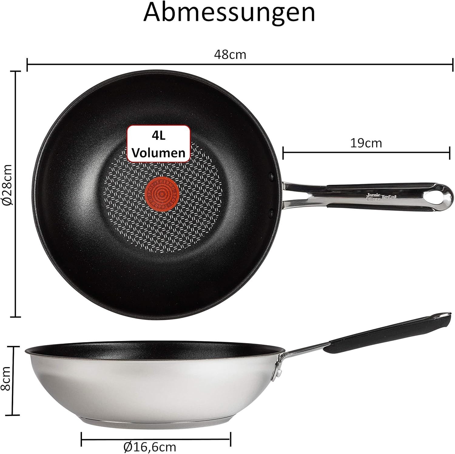 Tefal Wok Jamie Oliver E30 Wokpfanne 28cm Induktion, 3 Tlg, Antihaft, Wok Pfanne, Edelstahl 18/10 (Pfanne, Bratpfannen Set, Pfannenset, Wok, Wokpfanne, Schmorpfanne), Ohne Fett