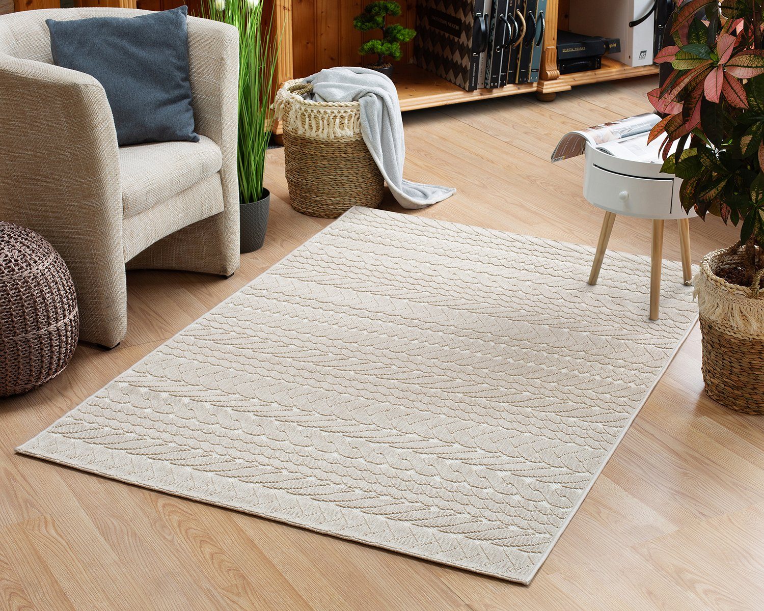 Teppich In- und Outdoor-Teppich Braided Pattern aus Kunststoff für Innen und Außen, DomDeco Creme-beige