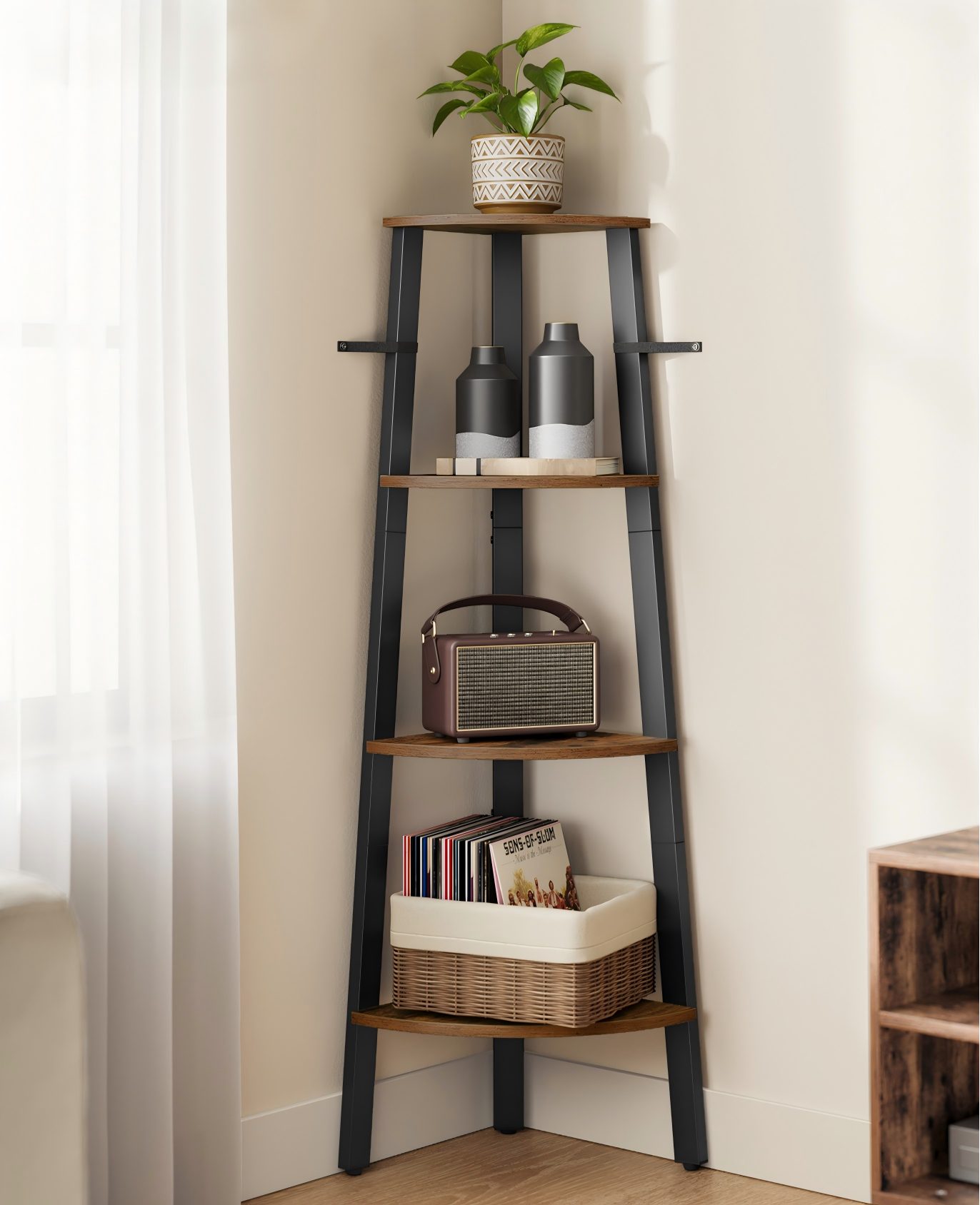VASAGLE Eckregal Bücherregal, für Wohnzimmer, Industrial-Design, mit Stahlrahmen, Leiterregal