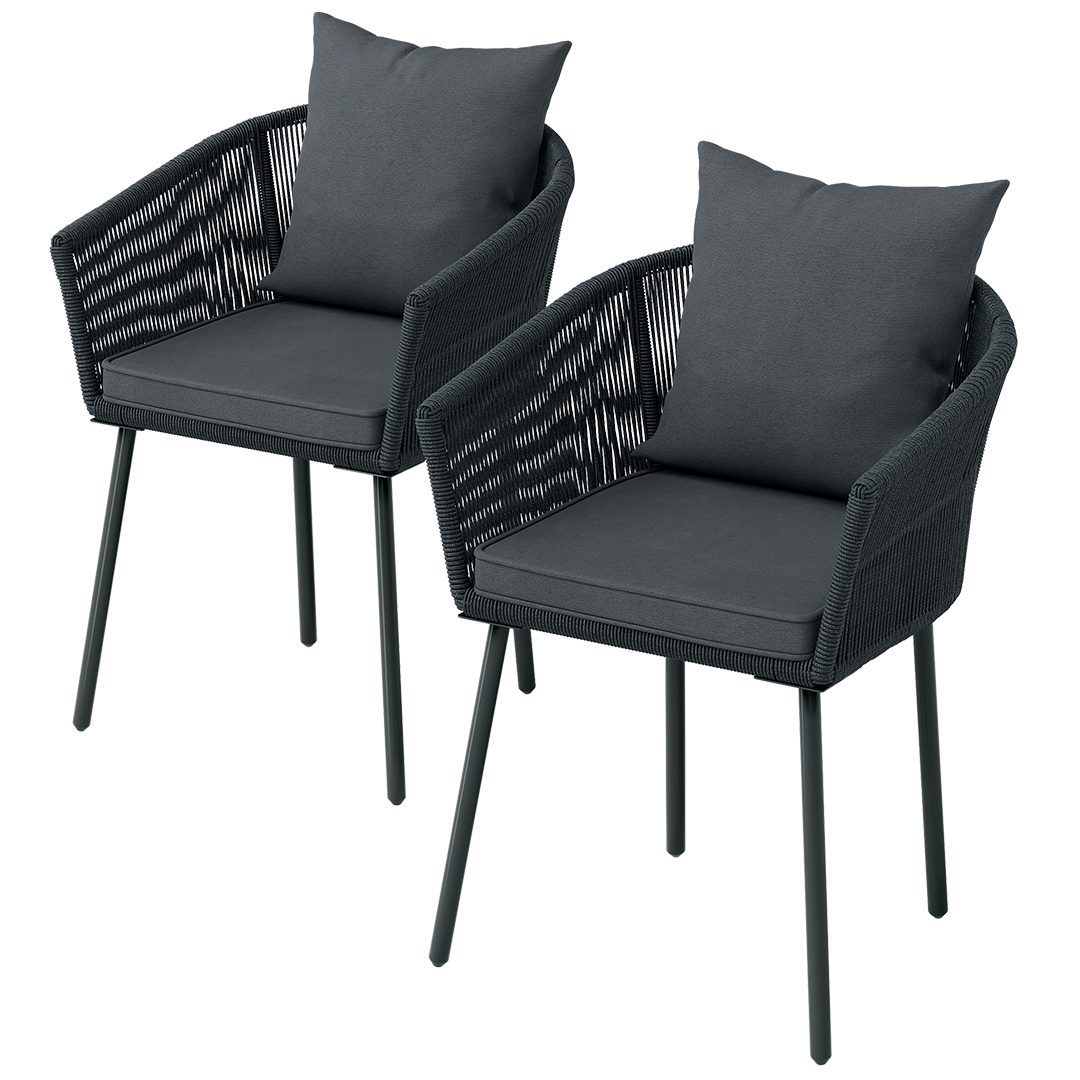 STEELSØN Gartenstuhl Nair mit Sitzauflagen & Kissen (2er Set, dunkelgrau), Gartensessel aus Polyrattan, elastisches Seilgeflecht, wetterbeständig