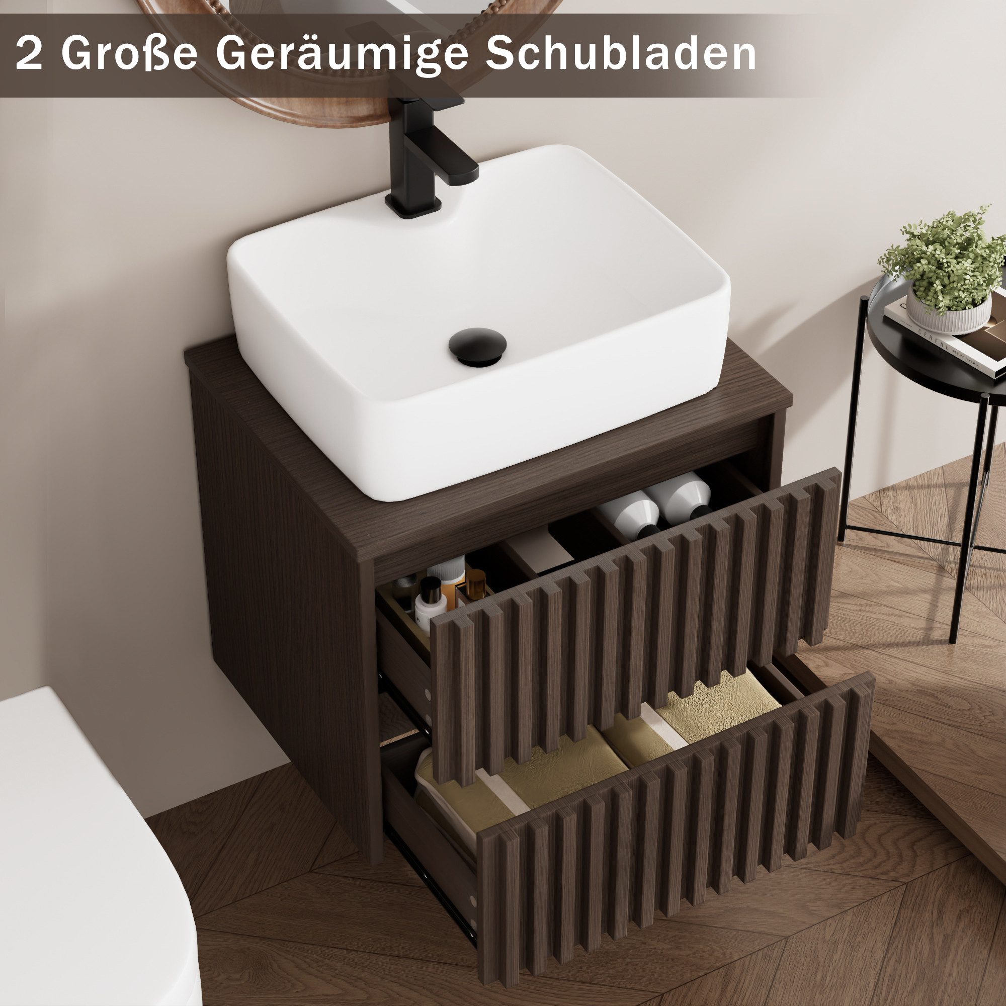 UEV Waschtisch mit Unterschrank hängend Keramik Waschbecken (Packung, Komplett-Set Badmöbel, Badezimmmer Schrank), Waschbeckenunterschrank mit Wasserhahn und Po – Bild 5 von 5