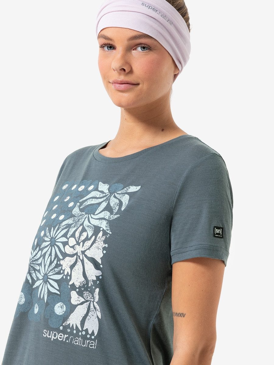 SUPER.NATURAL T-Shirt für Damen, Merino MAT IS Blumen Motiv, Reise, bunt günstig online kaufen