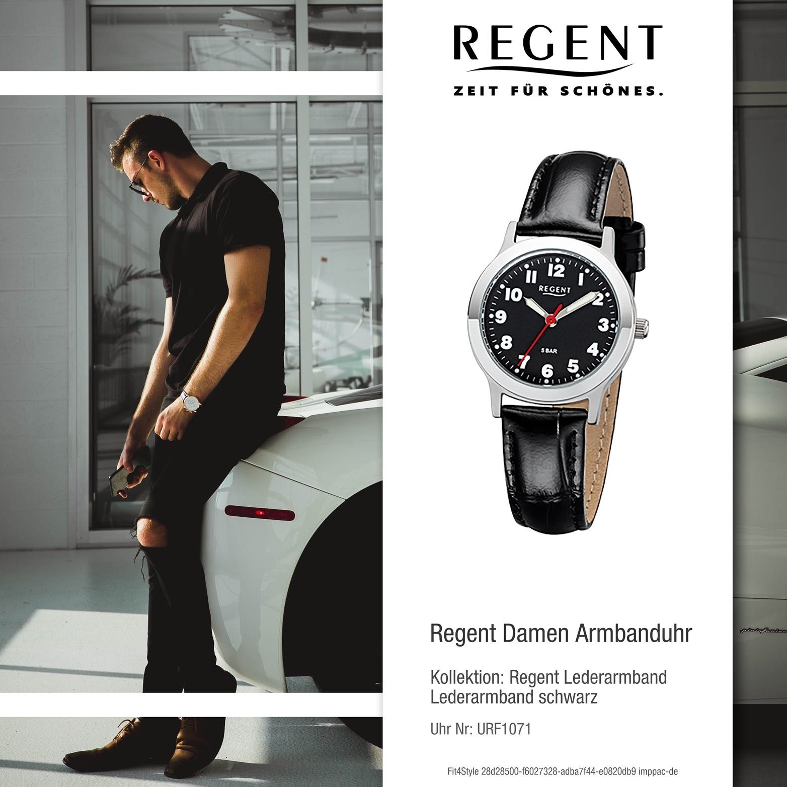 Regent Quarzuhr Regent Leder Damen F-1071, Lederarmband rundes Damen, Herrenuhr Uhr klein schwarz, Gehäuse, 28mm) (ca Herren