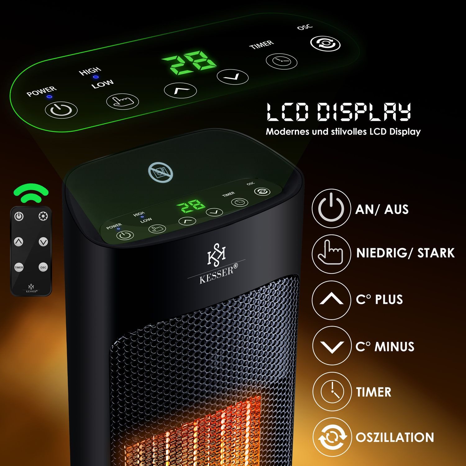 KESSER Heizlüfter, Heizlüfter mit Fernbedienung energiesparend leise 2000W