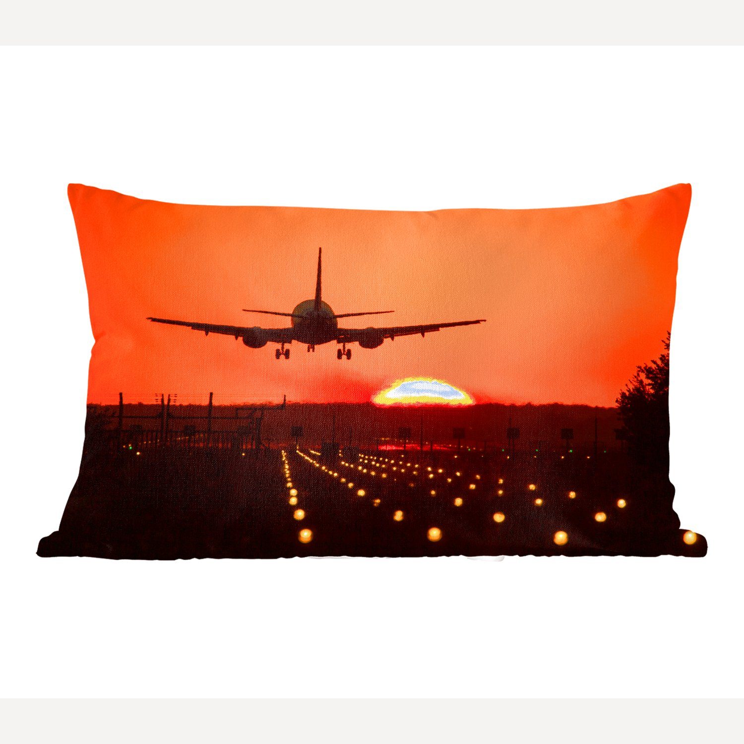 Dekokissen Orange Sonnenuntergang mit - Wohzimmer MuchoWow - Füllung, Dekokissen Flugzeug Zierkissen, Dekoration, Schlafzimmer - Sonne,