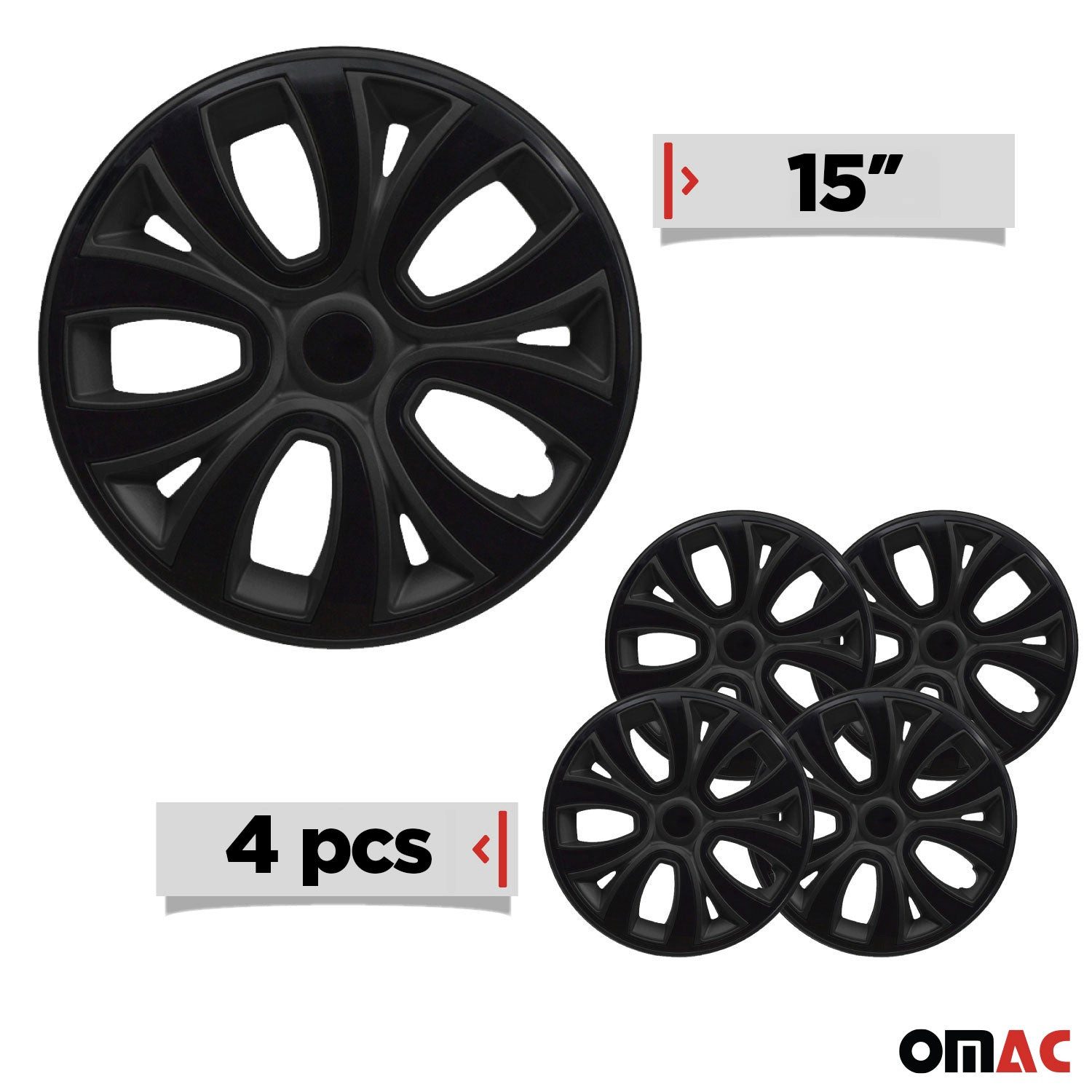 OMAC Wheel Covers 15 inch Matte Black & Black 4-piece set, (4-pcs) Easy installation, lightweight, car wash safe