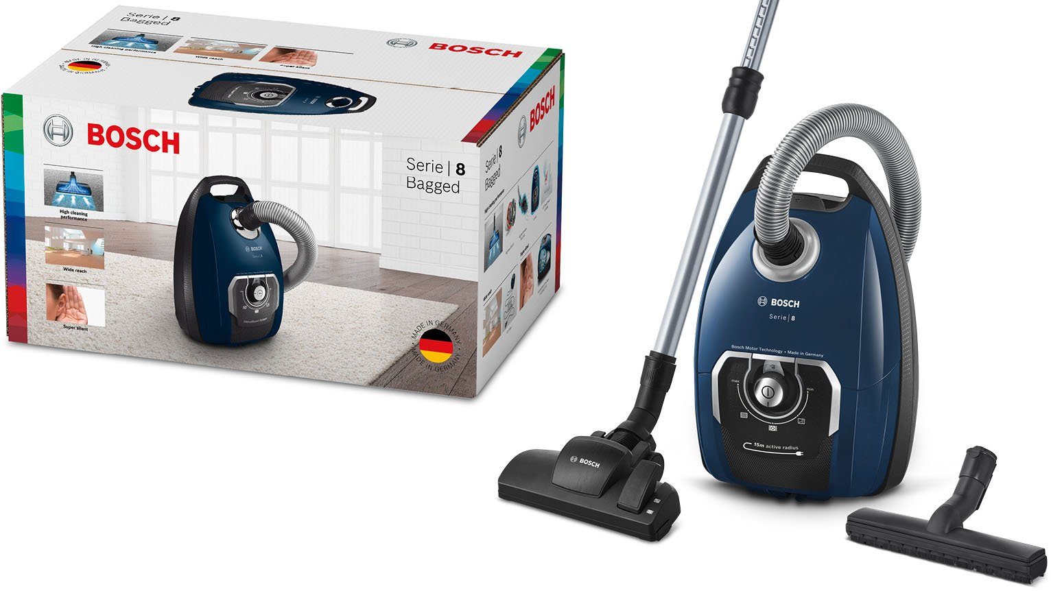BOSCH Bodenstaubsauger Serie 8 BGB75X494, ideal für Allergiker, Hygiene-Filter, blau, 650 W, mit Beutel, inkl. Hartbodendüse, extra langes Kabel, leise