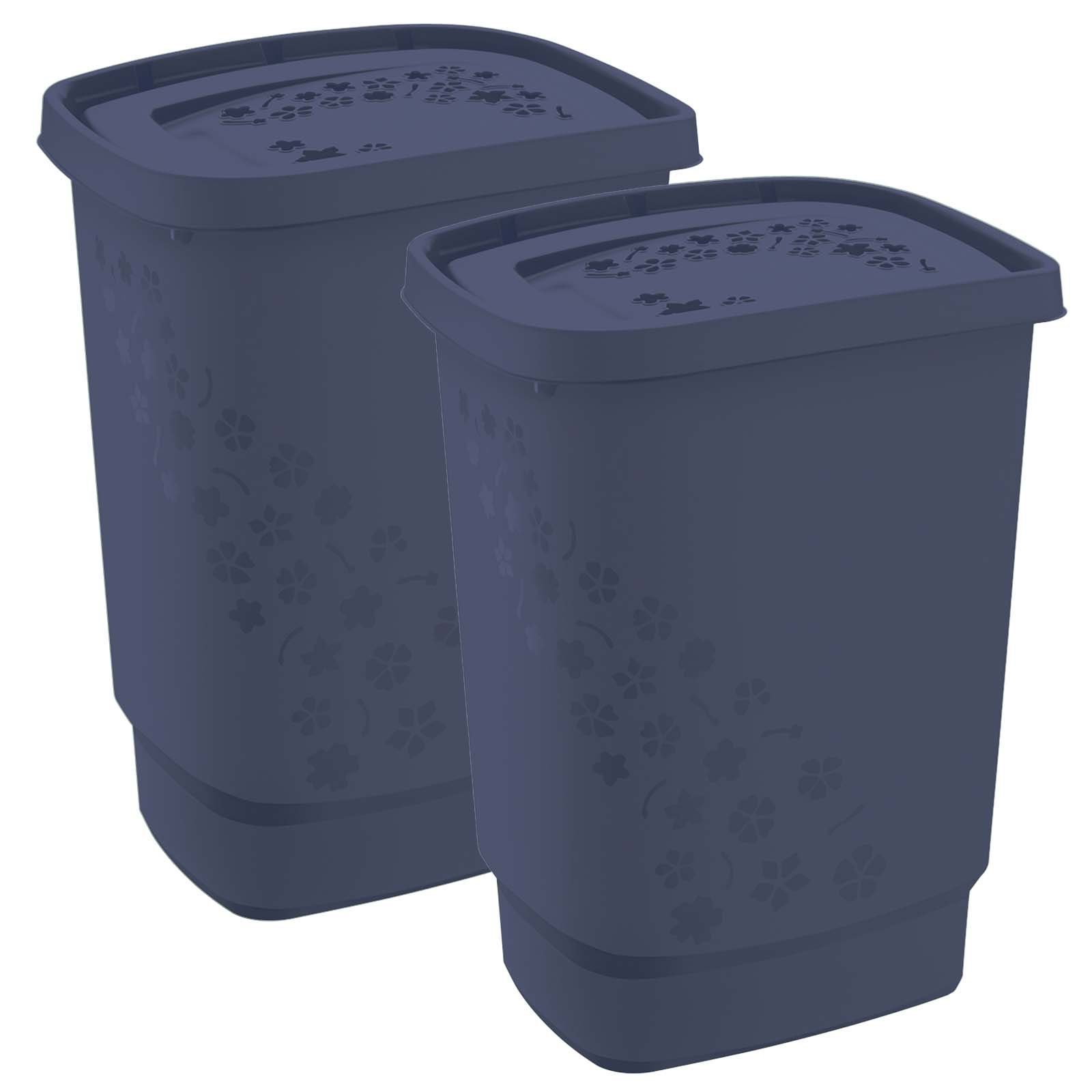 BPA-frei 2er-Set Deckel, mit Flowers Iris 55l ROTHO Wäschesammler dunkelblau Wäschekorb Kunststoff ged. (PP)