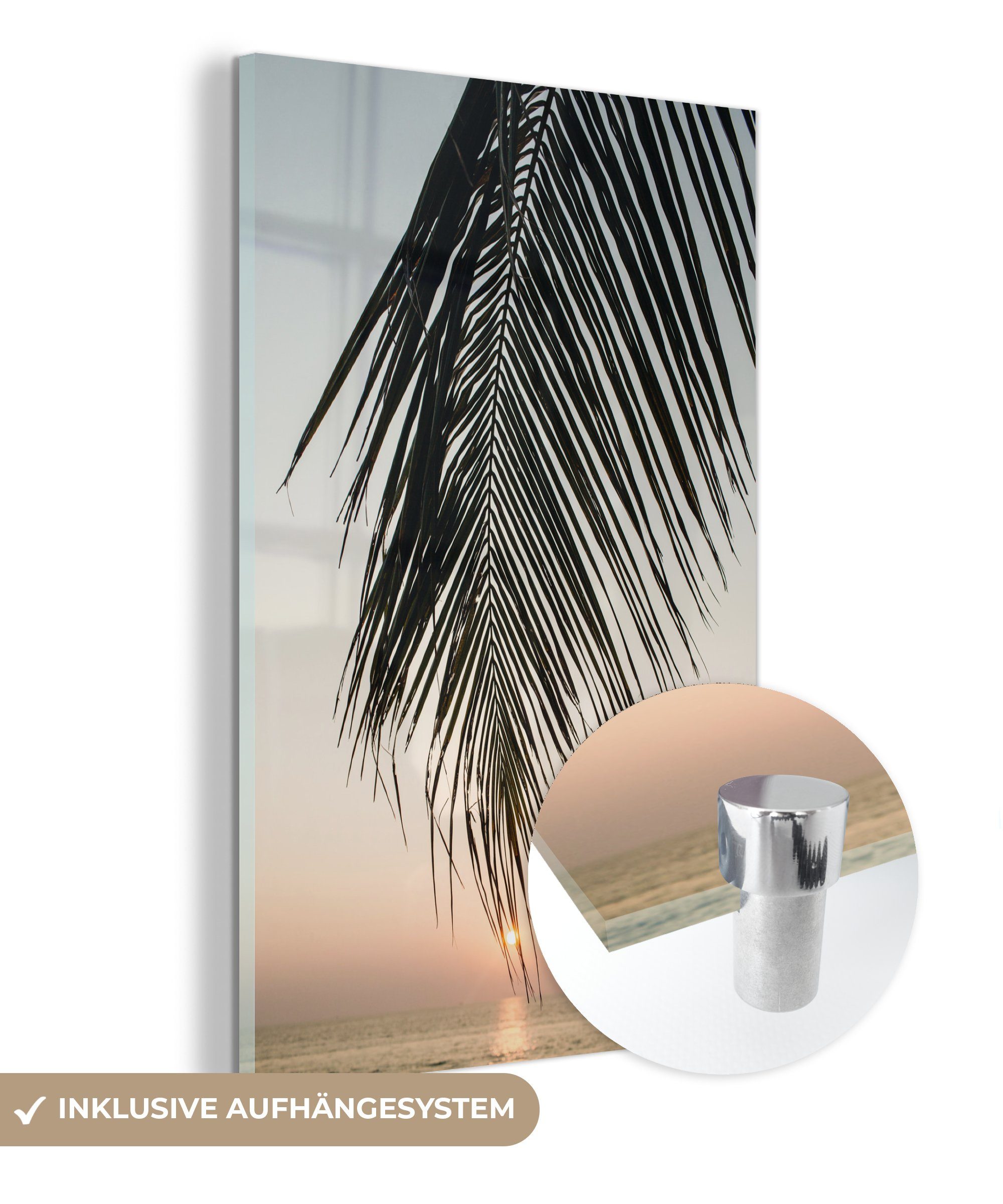 Meer Wanddekoration Acrylglasbild auf Glas - Palmenblatt Glas - Glasbilder - - Bilder MuchoWow Wandbild auf Sonne, - Foto St), (1