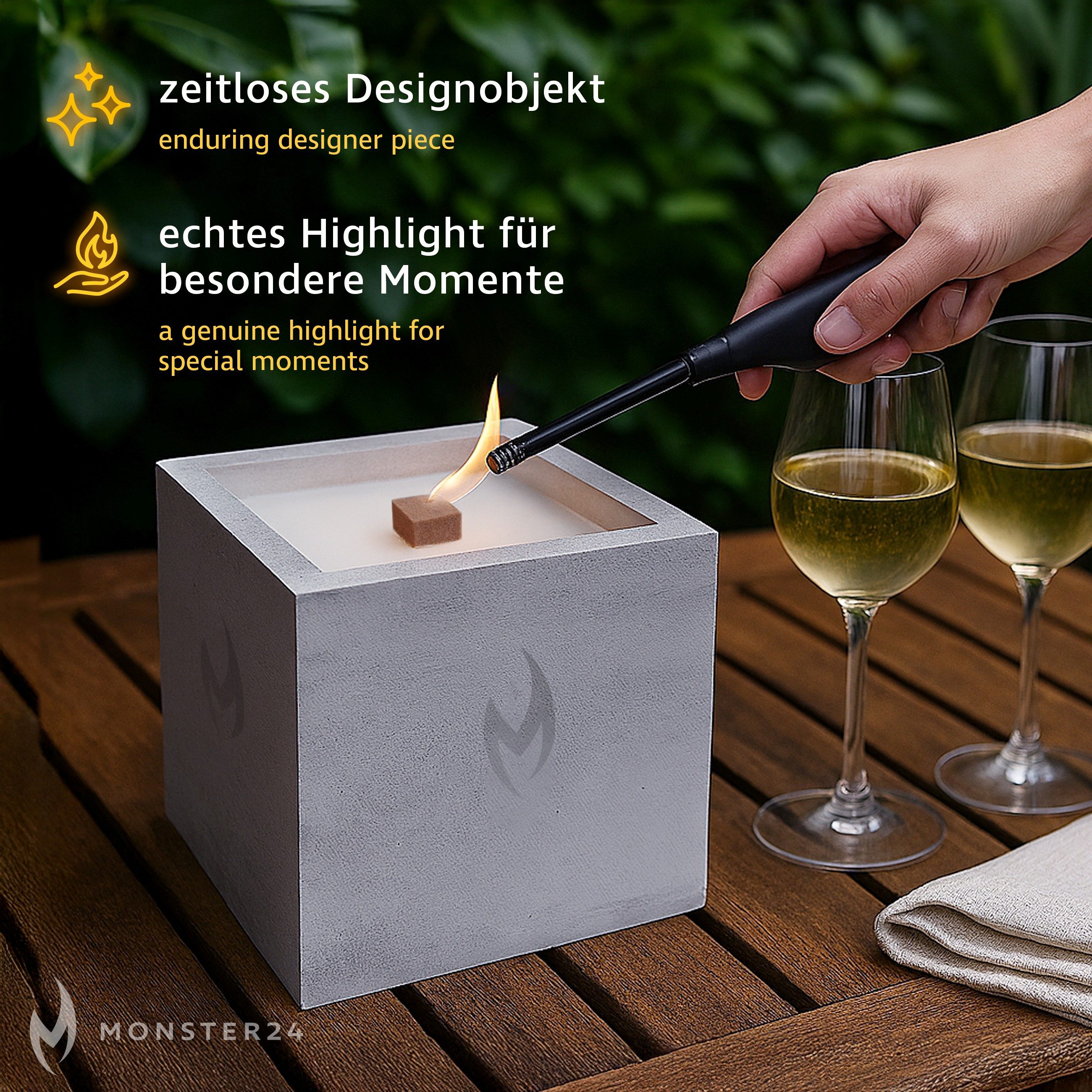 Monster24 Outdoorkerze Betonkerze 15x15x15 cm mit Dauerdocht wiederbefüllbar