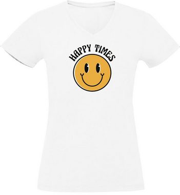 MyDesign24 T-Shirt Damen Smiley Print Shirt - Lächelnder Smiley Happy Times V-Ausschnitt Baumwollshirt mit Aufdruck Slim Fit, i293