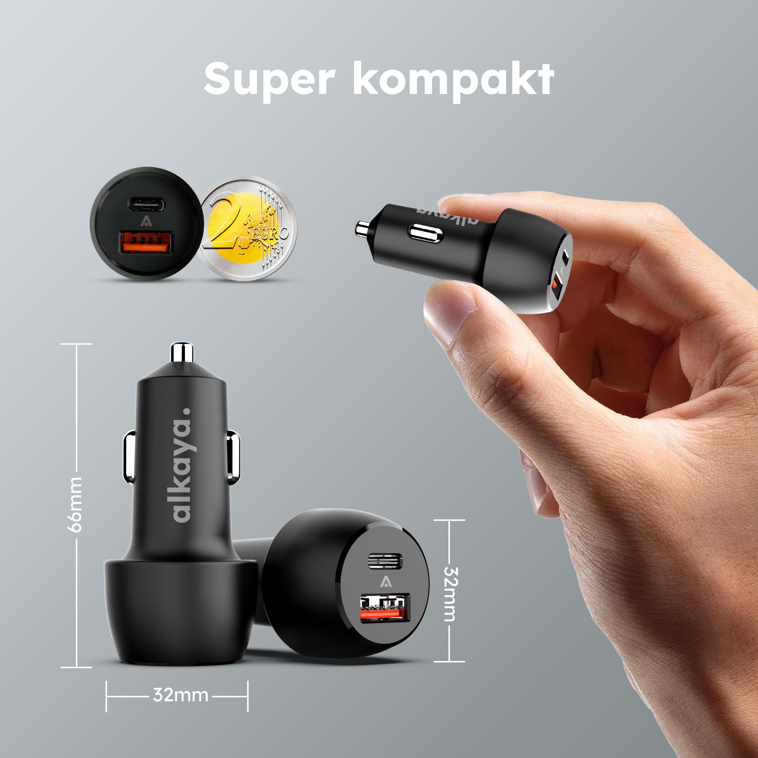 alkaya. Cigarette lighter USB-C + USB-A, car/vehicle charger, car adapter USB Type A, USB-C, car/vehicle adapter 2 ports - Black